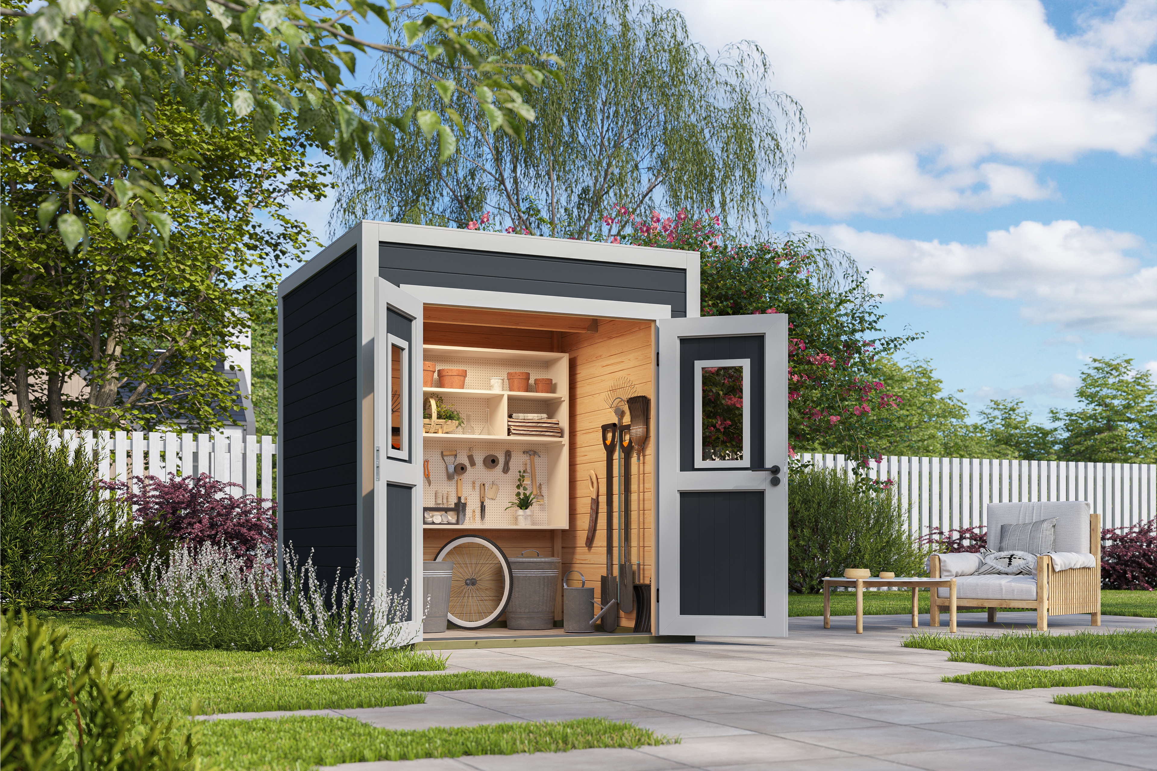 Gartenhaus NORDIC HOLZ "Felix 1", grau (carbongrau), ohne Fußboden, Massivholzdach, Holz, Gartenhäuser, Gartenhaus, kleiner stilvoller Schuppen mit Flachdach