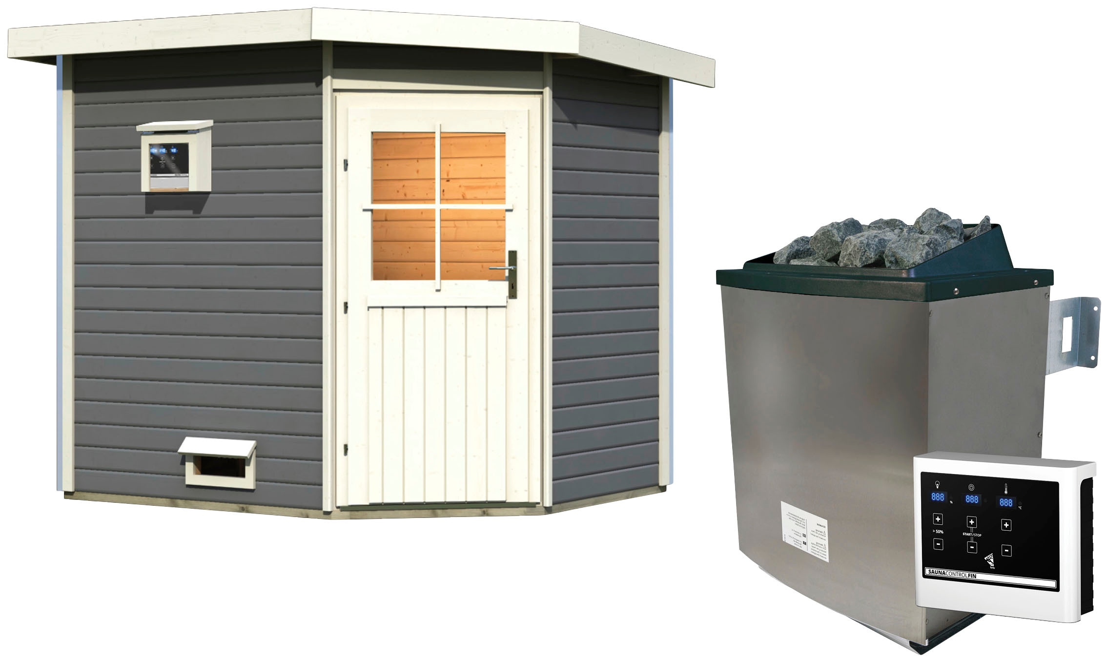 Saunahaus KARIBU "Tore", grau (terragrau), Saunaofen, externe Steuerung, 9 kW, Saunen, klassiche Tür, Mit 9 KW Ofen und externe Steuerung Easy