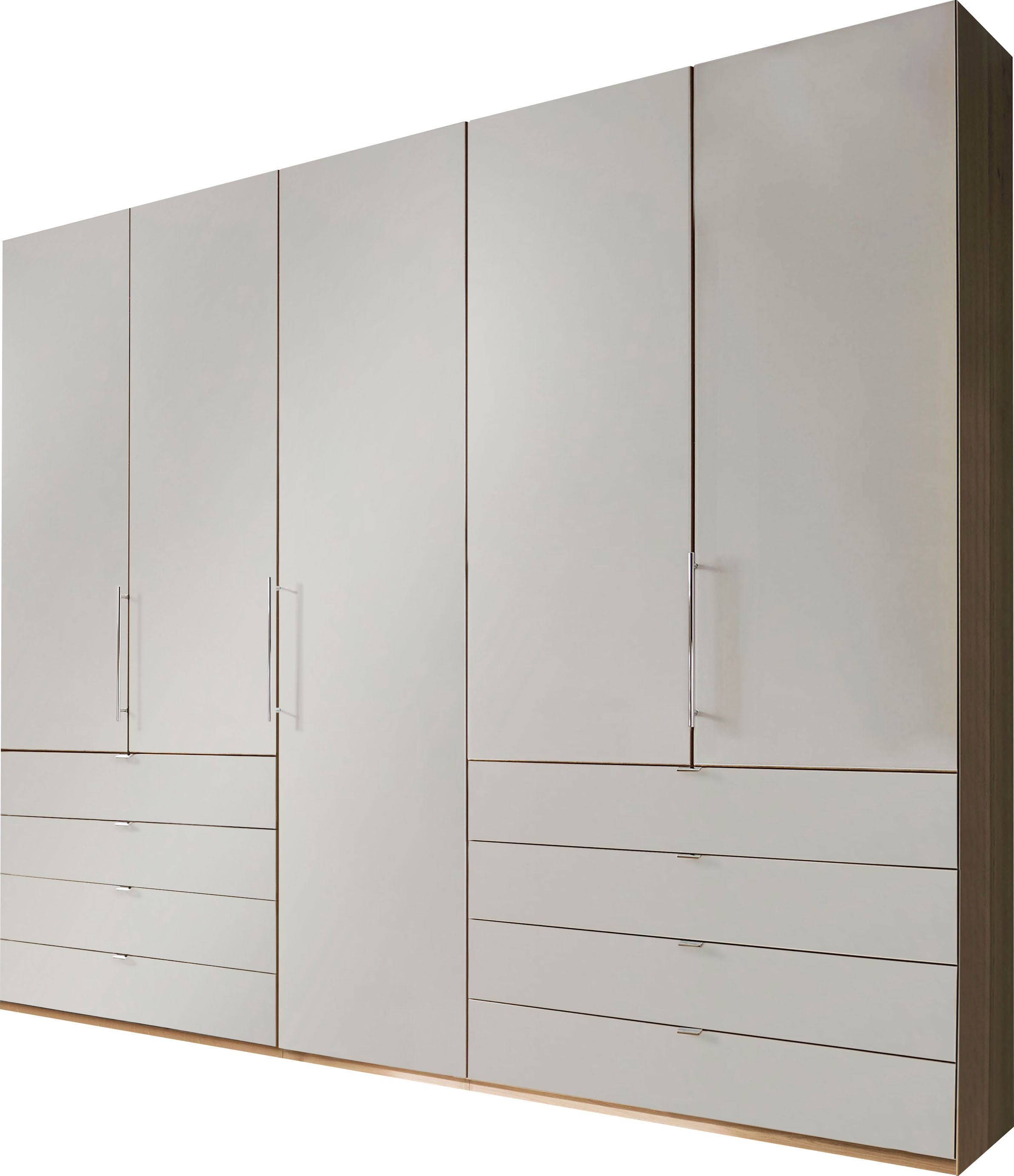 Falttürenschrank WIEMANN "Loft, Kleiderschrank, Schrank, Wäscheschrank, mit Glasfront", beige (bianco, eiche, nachbildung, champagner glas), B:250cm H:216cm T:58cm, Schränke, inkl. gepämpften Schubkästen und Türen, mit Panoramaöffnung