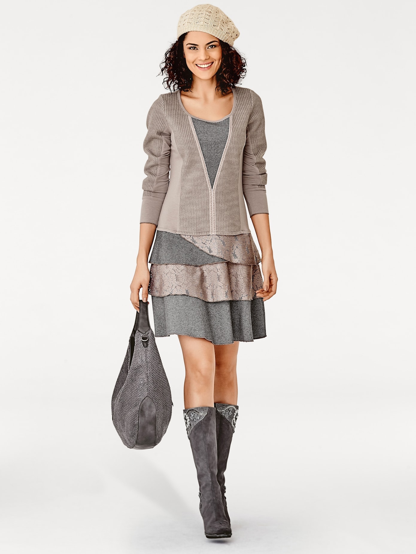 Strickkleid HEINE "Jersey-Kleid", Damen, Gr. 48, Normalgrößen, grau (taupe), 85% Polyacryl, 15% Polyester, gemustert, kurz, Rundhals, Kleider, Topseller Image