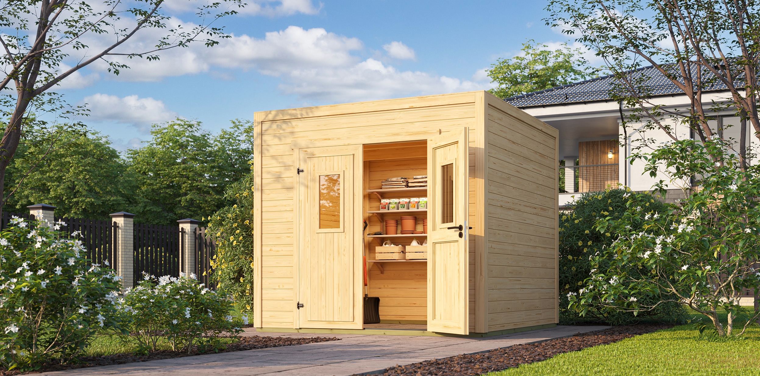 Gartenhaus NORDIC HOLZ "Felix 2", beige (naturbelassen), ohne Fußboden, Massivholzdach, Holz, Gartenhäuser, Gartenhaus, kleiner stilvoller Schuppen mit Flachdach