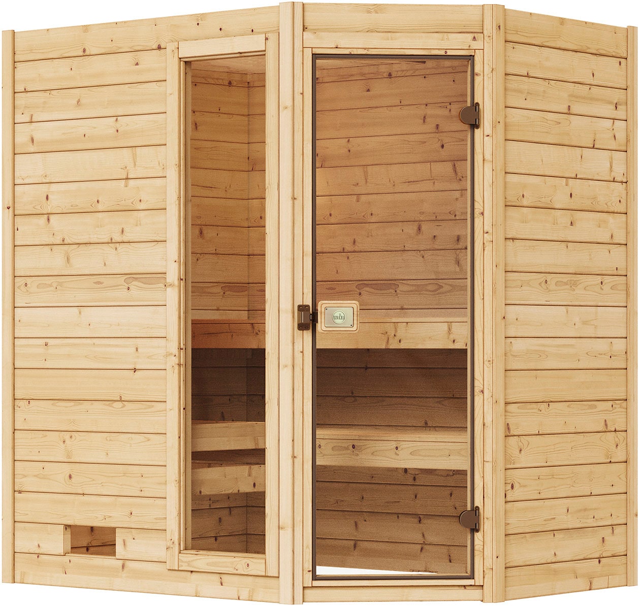 Sauna WEKA "Massivholzsauna VALIDA Eck 1", beige (natur), Saunaofen, externe Steuerung, 4,5 kW, Saunen, Blockbohlen, Fensterelement, moderne Glastür