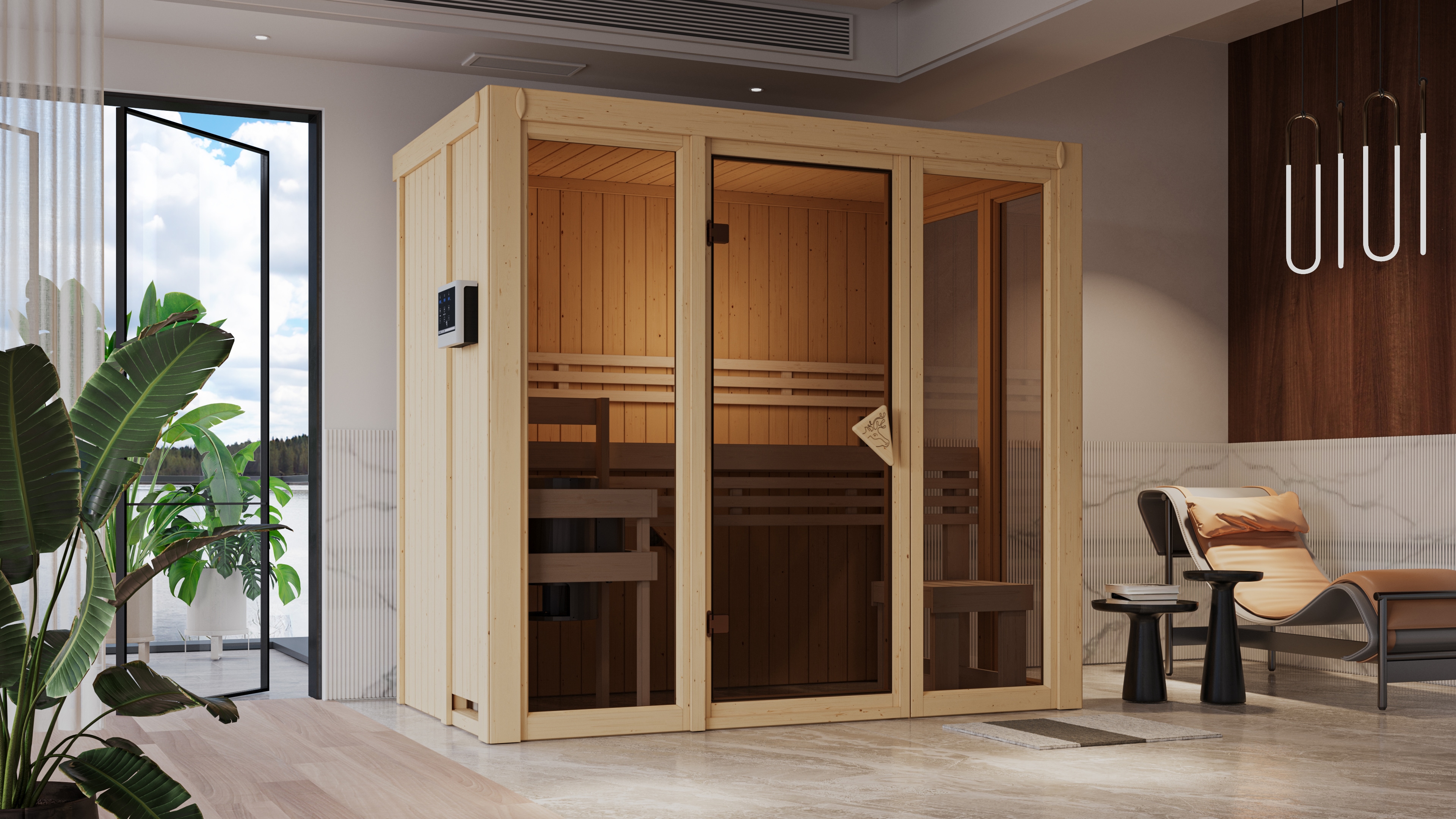 Sauna KARIBU "Ivana 2", beige (naturbelassen), ohne Ofen, ohne Steuerung, (ohne Ofen), Saunen, Ganzglasfront