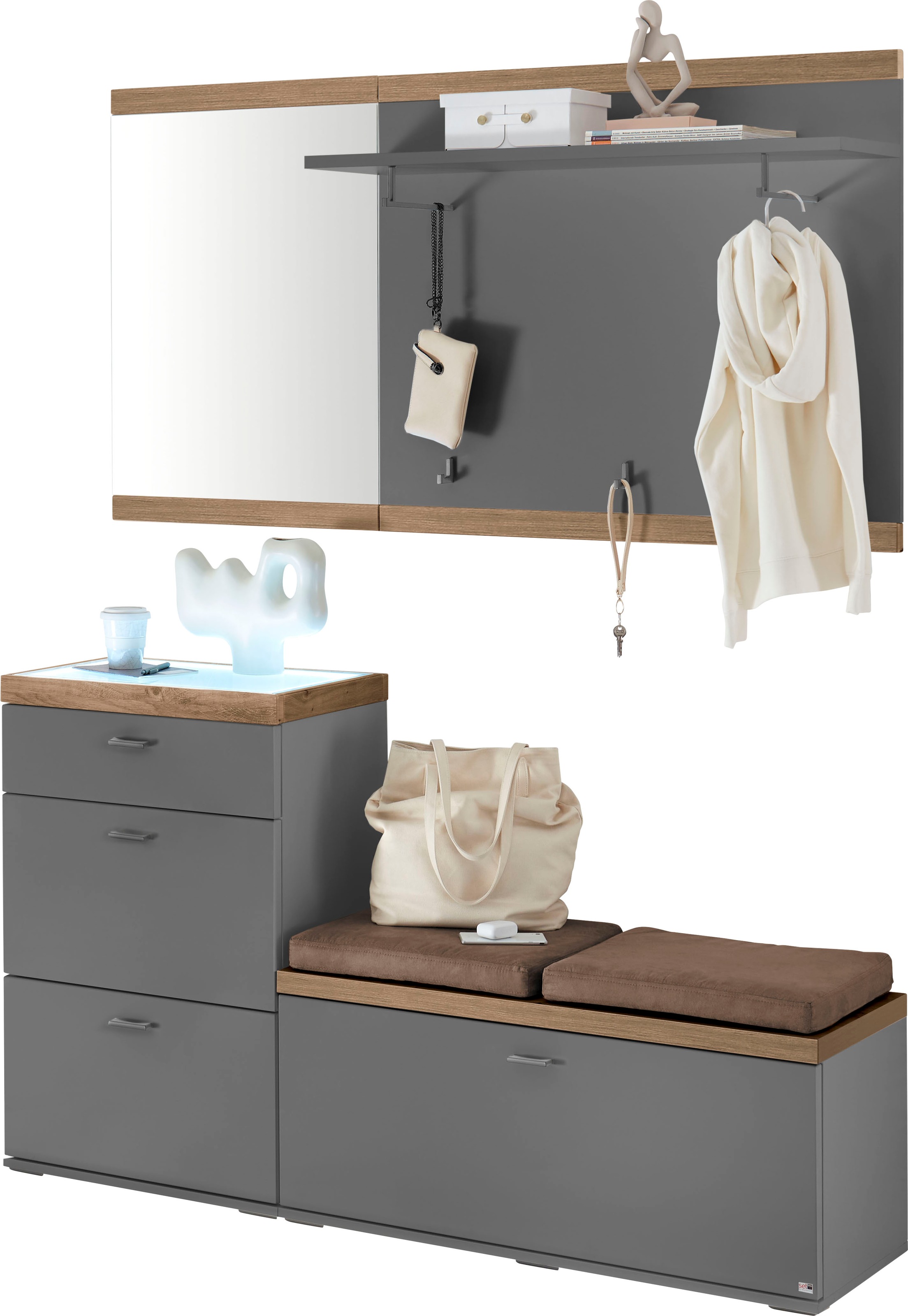 Kompaktgarderobe "Lancaster Dielen", bunt (grau), B:160cm H:194cm T:37,2cm, SET ONE BY MUSTERRING, Schränke, bestehend aus 4 Teilen, in zwei Farben erhältlich, Gesamtbreite 160 cm