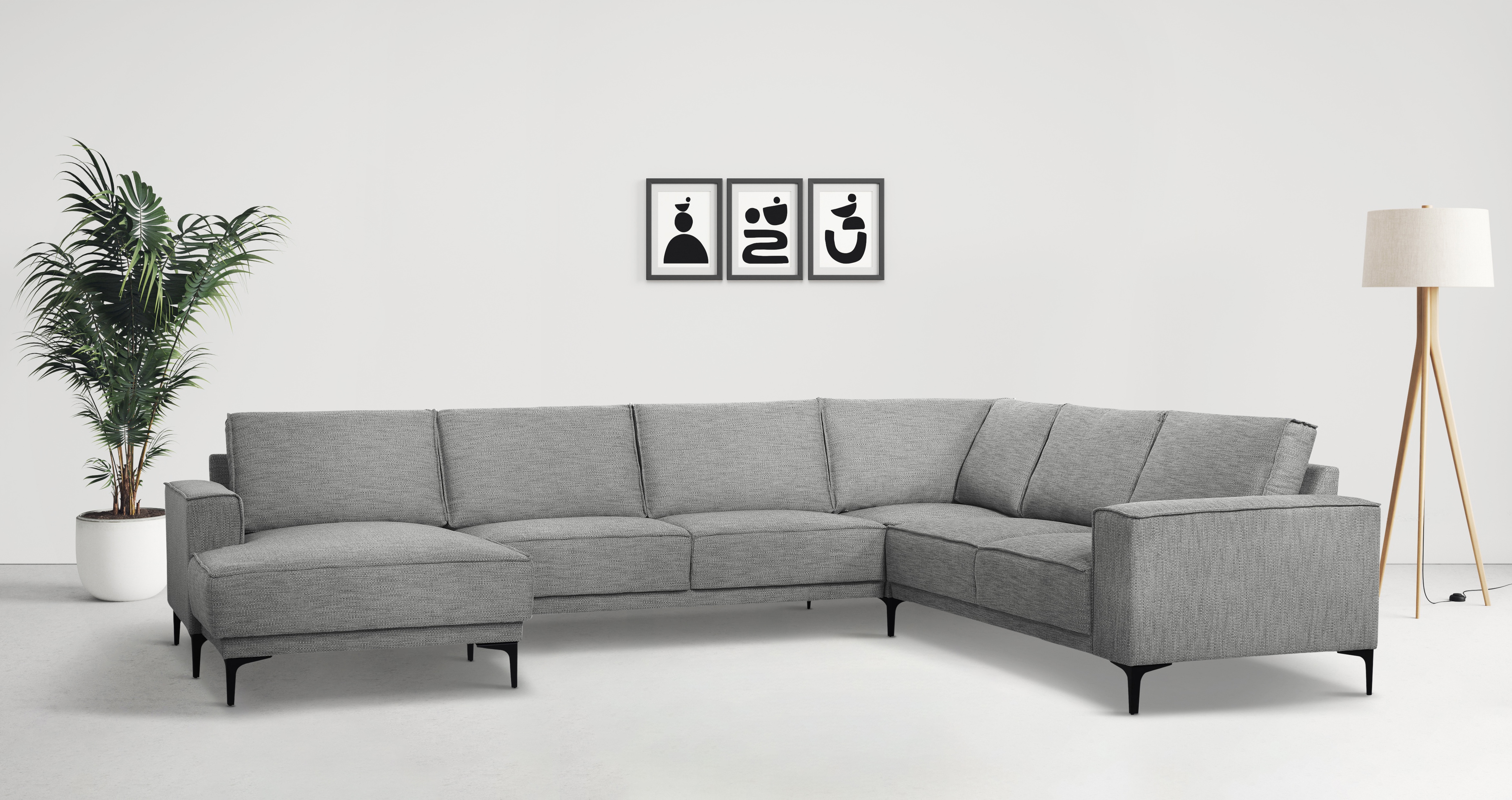 Wohnlandschaft OTTO HOME "XXL Sofa Oland, Struktur, Flachgewebe, Luxus-Microfaser, Boucle", grau, B:342cm H:85cm T:260cm, 100% Polyester, Sofas, Wohnlandschaft, U-Form, 342 cm, Wellenunterfederung, Skandi-Design, Metallfüße