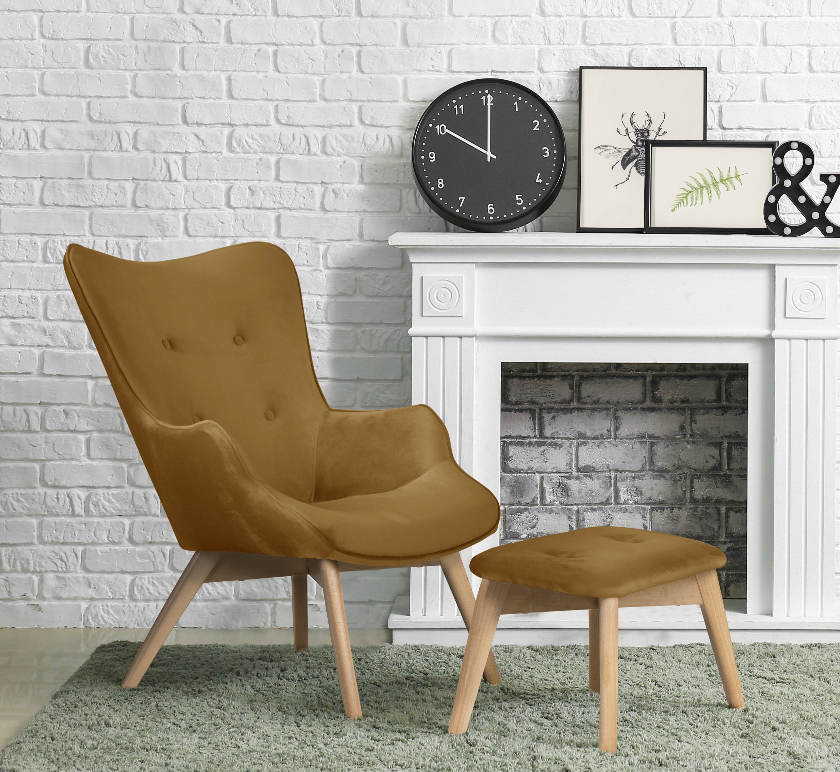 Sessel ANDAS "Nicko", gelb (senf), B:71cm H:96cm T:86cm, 100% Polyester, Sessel, Design-Sessel Sessel mit Hocker Lounge-Sessel Einzelsessel, wahlweise mit und ohne Hocker