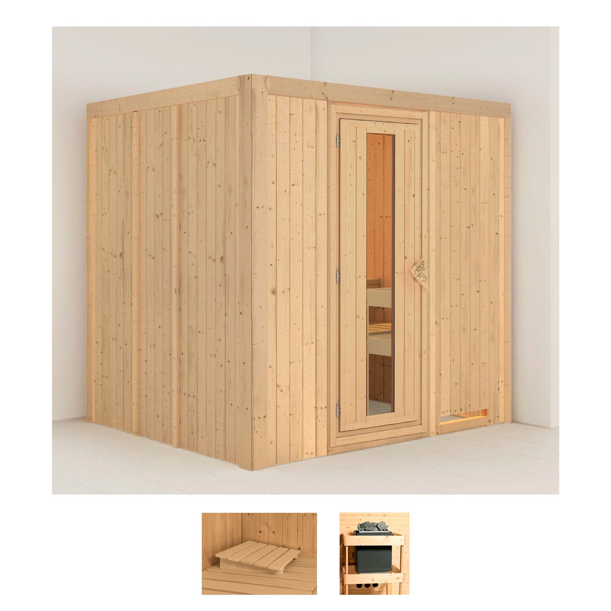 Sauna KARIBU "Dima", beige (naturbelassen), ohne Ofen, (ohne Ofen), Saunen, ohne Ofen Image