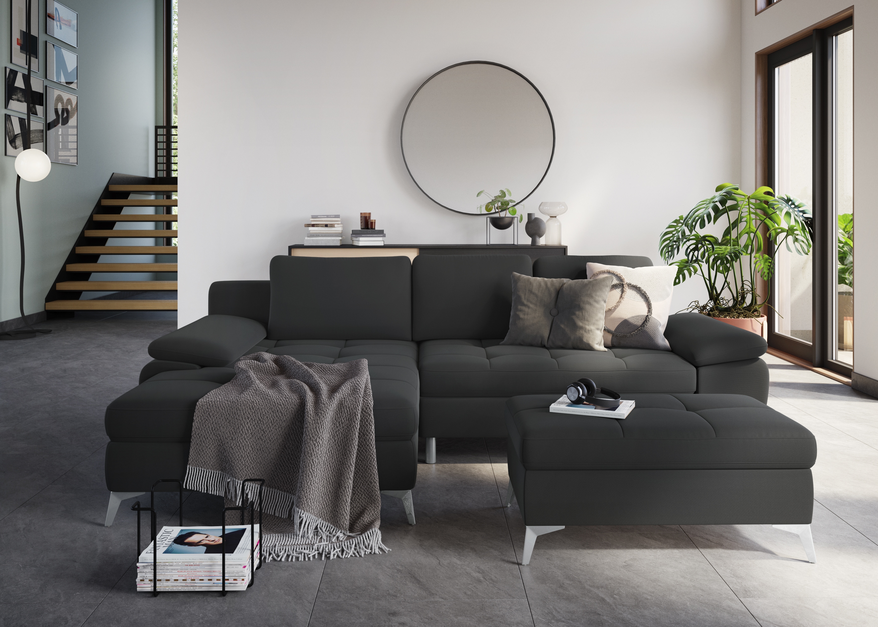 Stauraumhocker SIT & MORE "Latigo", grau (anthrazit), B:98cm H:44cm T:68cm, Hocker, Hocker mit Stauraum Polsterhocker, inklusive Stauraum