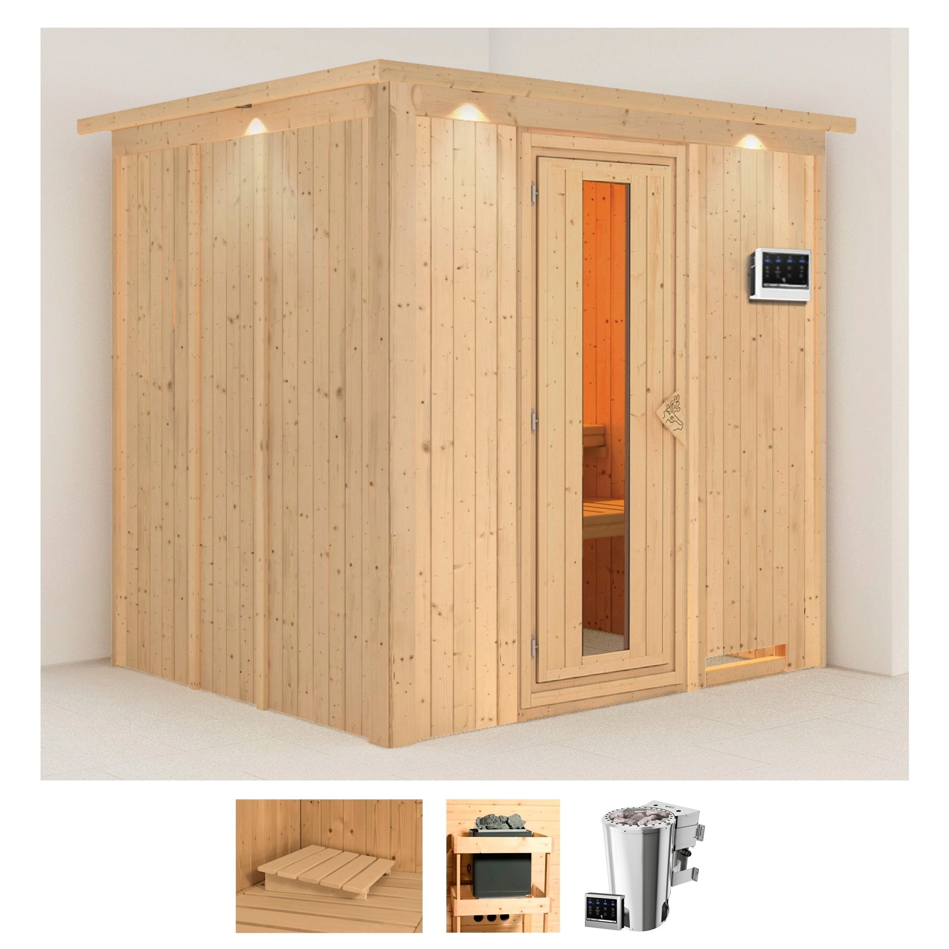 Sauna KARIBU "Dima", beige (naturbelassen), Bio-Kombiofen, externe Steuerung, 3,6 kW, Saunen, Ofen 3,6 kW Bio-Ofen externe Strg. easy