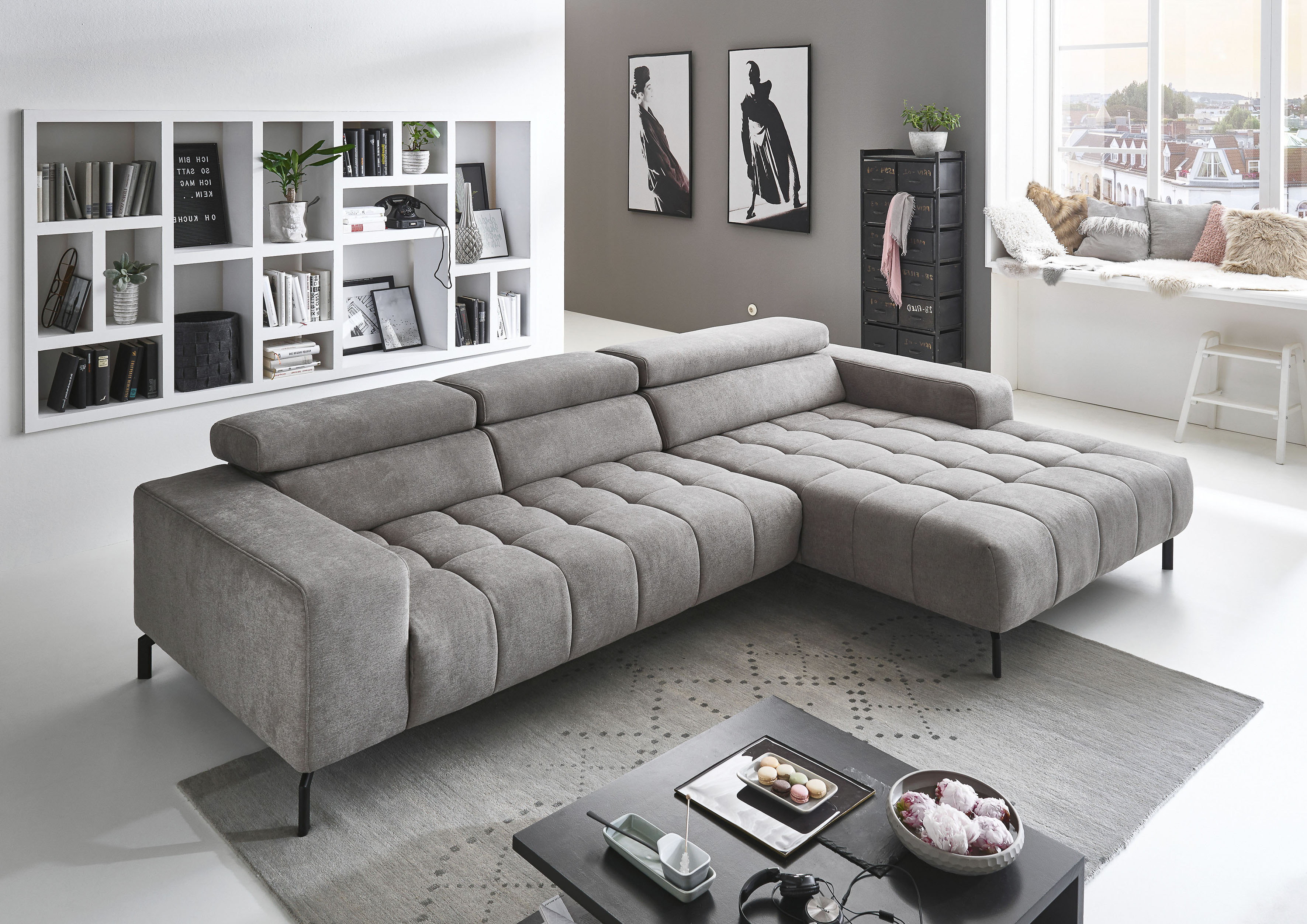 Ecksofa DIE PLANBAR "MP-IN18022 L-Form", grau (granit), B:321cm H:74cm T:190cm, 100% Polyester, Sofas, Ecksofa, mit Kopfteilverstellung & Zierkissen, optional Sitztiefenverstellung