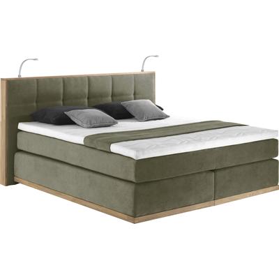 Boxspringbett PLACES OF STYLE "Vinton", grün (olive), B:180cm L:213cm, Komplettbetten, Boxspringbett, aus Eiche, mit LED-Beleuchtung, verschiedene Härtegrade (auch H4) Image