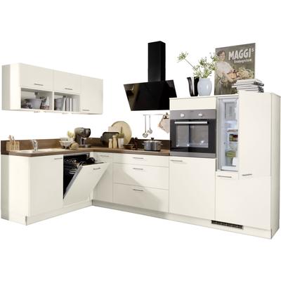 Küchenzeile KOCHSTATION "KS-Scafa, vormontiert, mit höhenverstellbaren Füßen", beige (front: magnoliefarben, korpus: magnoliefarben, arbeitsplatte: nussbaum nachbildung), B:305cm T:60cm, Komplettküchen-Sets, vormontiert, wahlweise mit E-Geräten,... Image