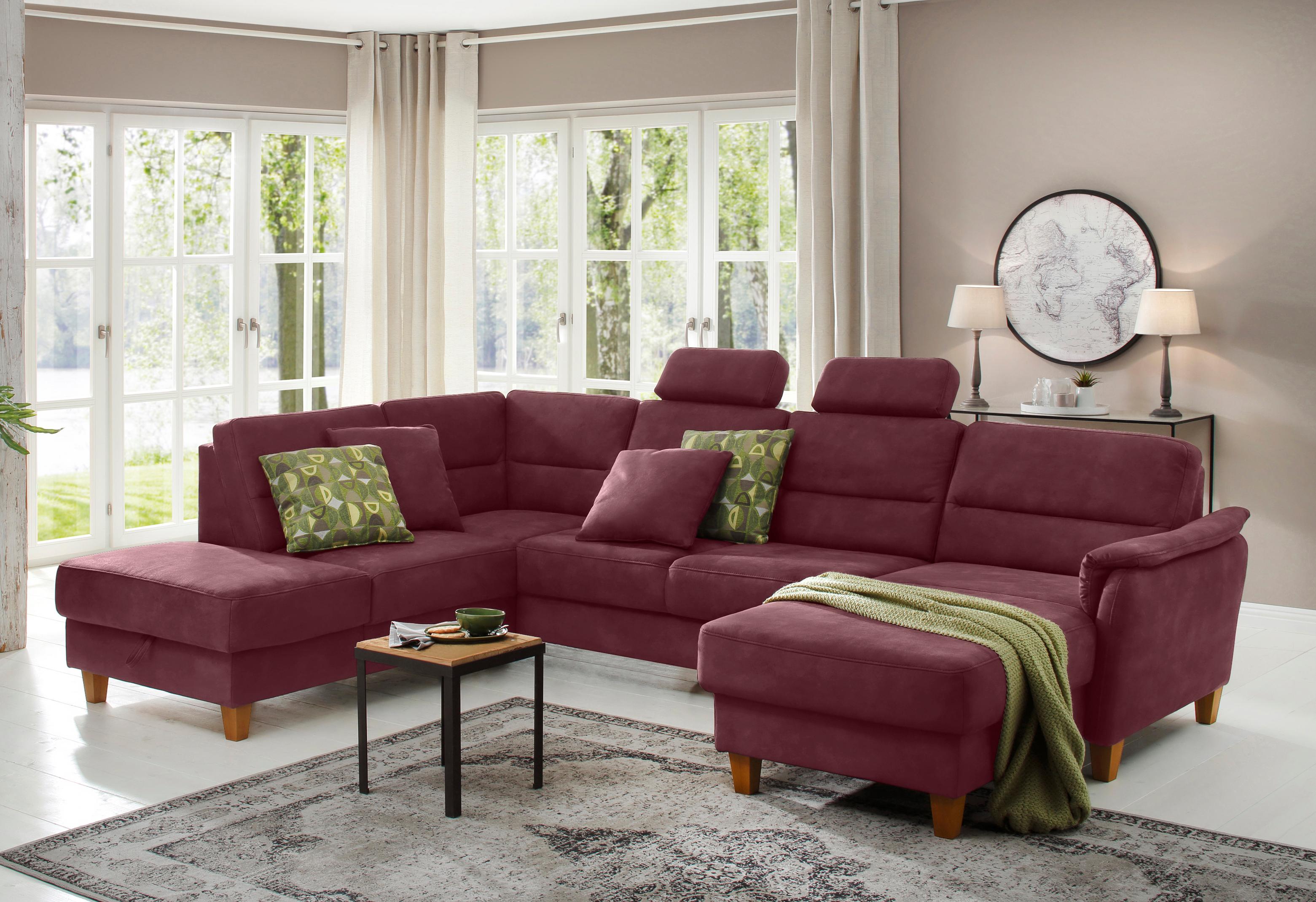 Wohnlandschaft HOME AFFAIRE "Palmera U-Form, B: 308 cm", rot (bordeaux), B:308cm H:89cm T:212cm, 100% Polyester;Struktur (100% Polyester);Luxus-Microfaser in Lederoptik (100% Polyester), Sofas, Wohnlandschaft, optional Bettfunktion & Bettkasten,...