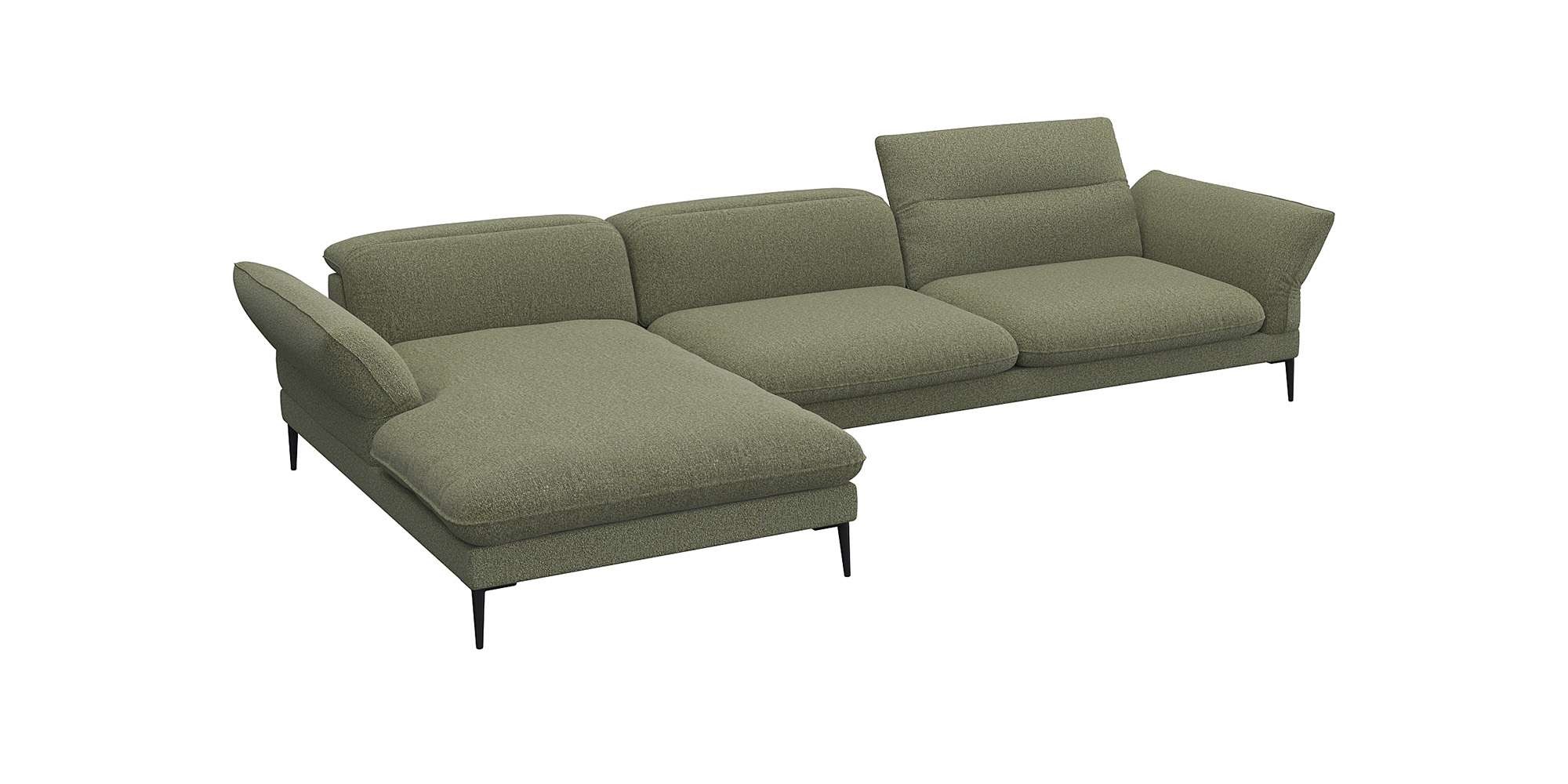 Ecksofa FLEXLUX "Salino, Funktionssofa mit Recamiere, Relaxsofa, Ecksofa", grün (moss), B:340cm H:88cm T:182cm, 100% Polyester, Sofas, Sofa mit Arm- und Kopfteil-Verstellungen, Kaltschaum & Stahl-Wellen