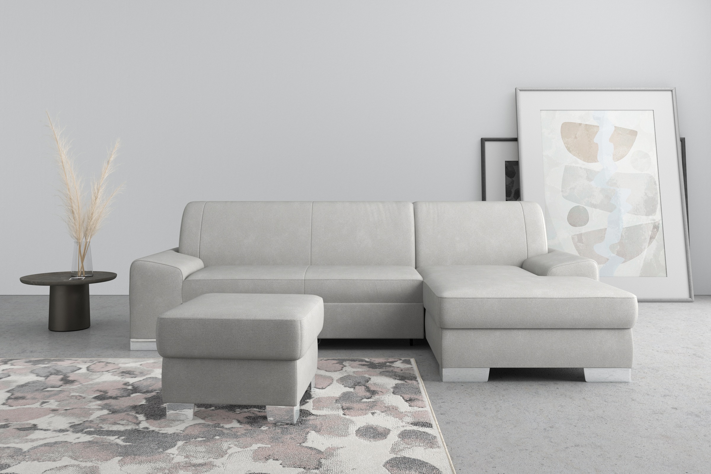 Ecksofa DOMO COLLECTION "Anzio L-Form, whlw. Bettfunktion, Federkern, hochwertig, Breite 271 cm", grau (hellgrau), B:271cm H:85cm T:160cm, Sofas, Ecksofa, Mit Bettfunktion, Recamiere rechts, Chenille-Struktur, hellgrau
