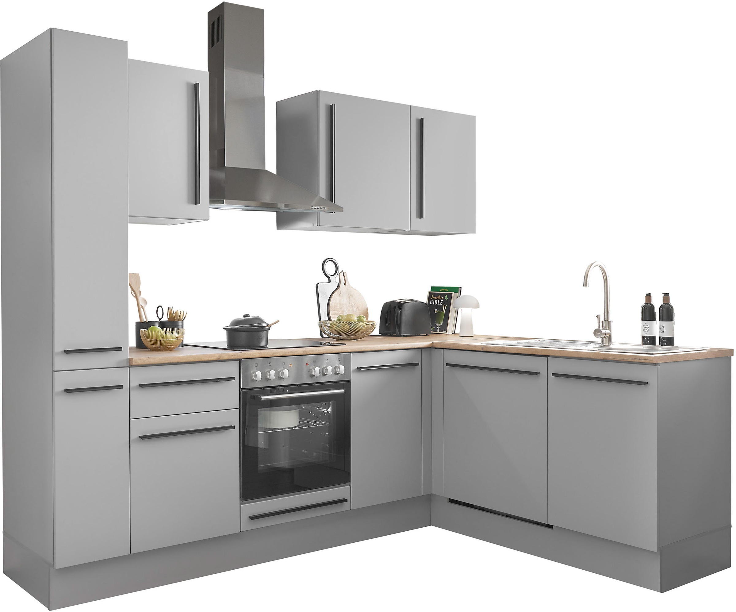 Winkelküche BASIC BY BALCULINA "Denver, Küche BxHxT 250/115 x 211 x 60", grau (küche: grau, korpus: grau matt, arbeitsplatte: lanzelot eiche), B:250cm H:211cm T:60cm, Komplettküchen-Sets, Küchenzeile, Breite 250 cm, wahlweise mit E-Geräten und...