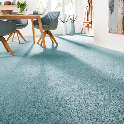 Teppichboden ANDIAMO "Verona, Velours, Made in Belgium", blau (türkis), B:400cm H:6mm L:1000cm, Kunstfaser, Teppiche, Uni Farben, Breite 400 cm oder 500 cm, strapazierfähig, pflegeleicht Image