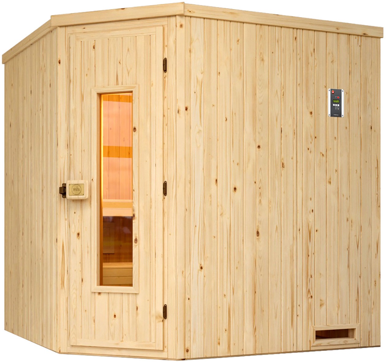 Sauna WEKA "Element-Ecksauna VARBERG 2", beige (natur), Saunaofen, externe Steuerung, 7,5 kW, Saunen, vorgefertigte Elemente, isolierte Holztür