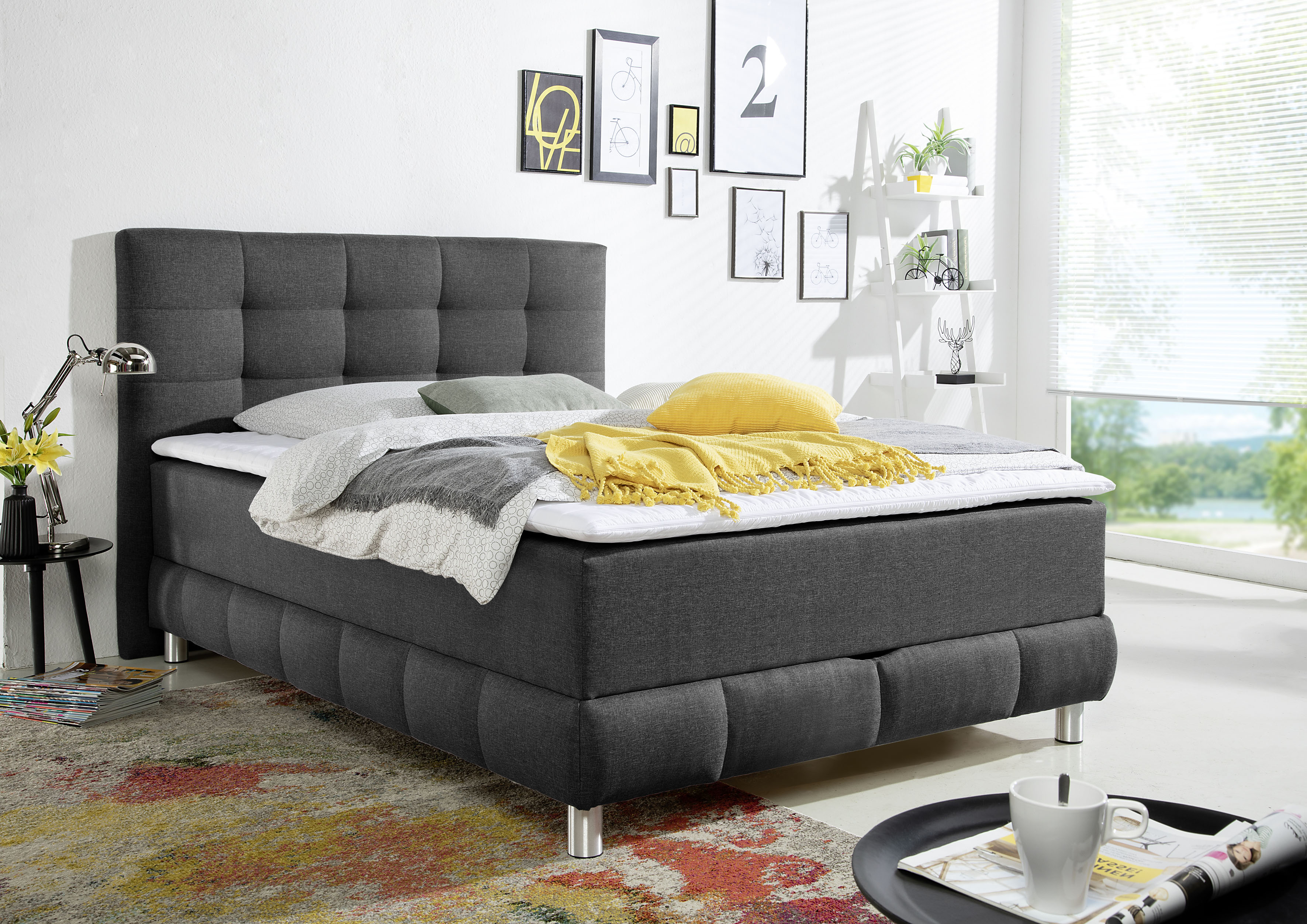Boxbett INOSIGN "Vaasa", grau (anthrazit), B:154cm L:210cm, Komplettbetten, inkl. Bettkasten & Topper, XXL-Ausführung, Überlänge 220 cm Image