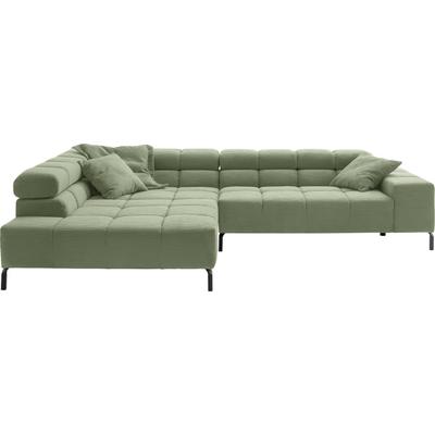 Ecksofa INOSIGN "Ancona New, wahlweise motorische Sitztiefenverstellung, auch in Cord", grün (oliv), B:321cm T:216cm, : 88% Polyester, 12% Polyacryl, Sofas, Ecksofa, feine Steppung, mit Kopfteilverstellung, 3 Zierkissen, L-Form Image