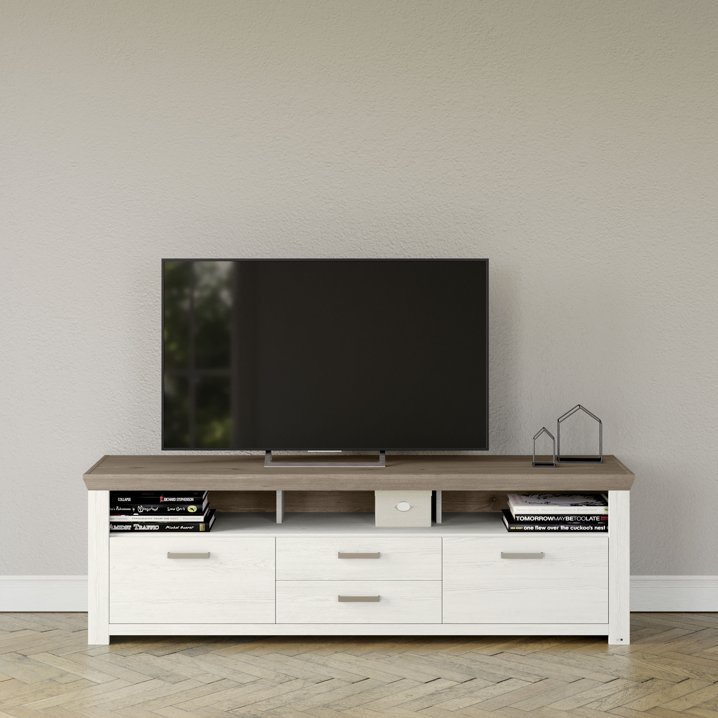 Lowboard "York", weiß (weiß, eiche hell), B:200cm H:63cm T:51cm, SET ONE BY MUSTERRING, Sideboards, Typ 35, mit 4 Schubkästen, Beleuchtung optional, Breite 200 cm