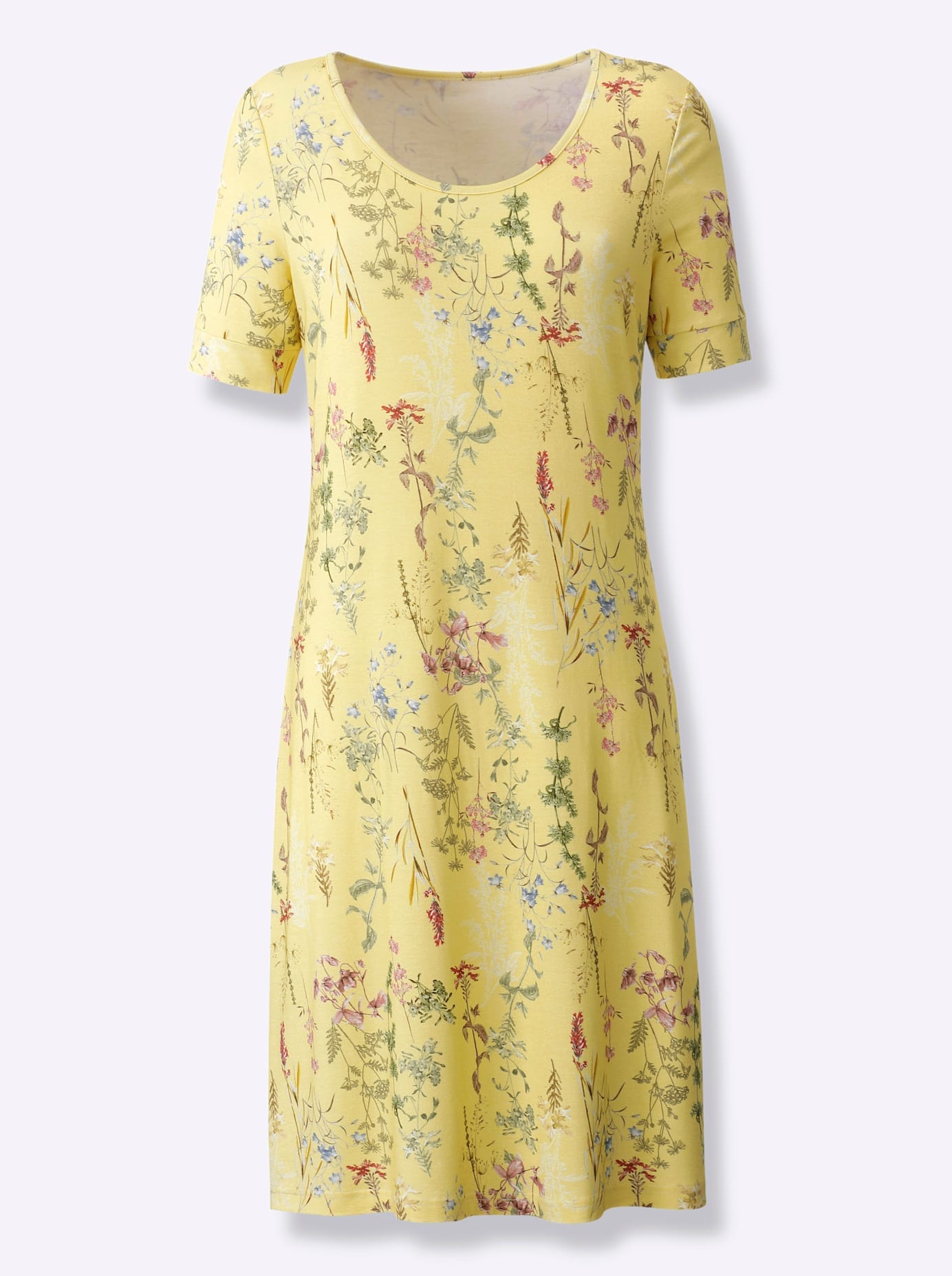 Jerseykleid INSPIRATIONEN "Jersey-Kleid", Damen, Gr. 24, Kurzgrößen, gelb (zitrone, bedruckt), Jersey, 96% Viskose, 4% Elasthan, geblümt, gemustert, mehrfarbig, knielang, Rundhals, Kleider Etuikleid Partykleid Image