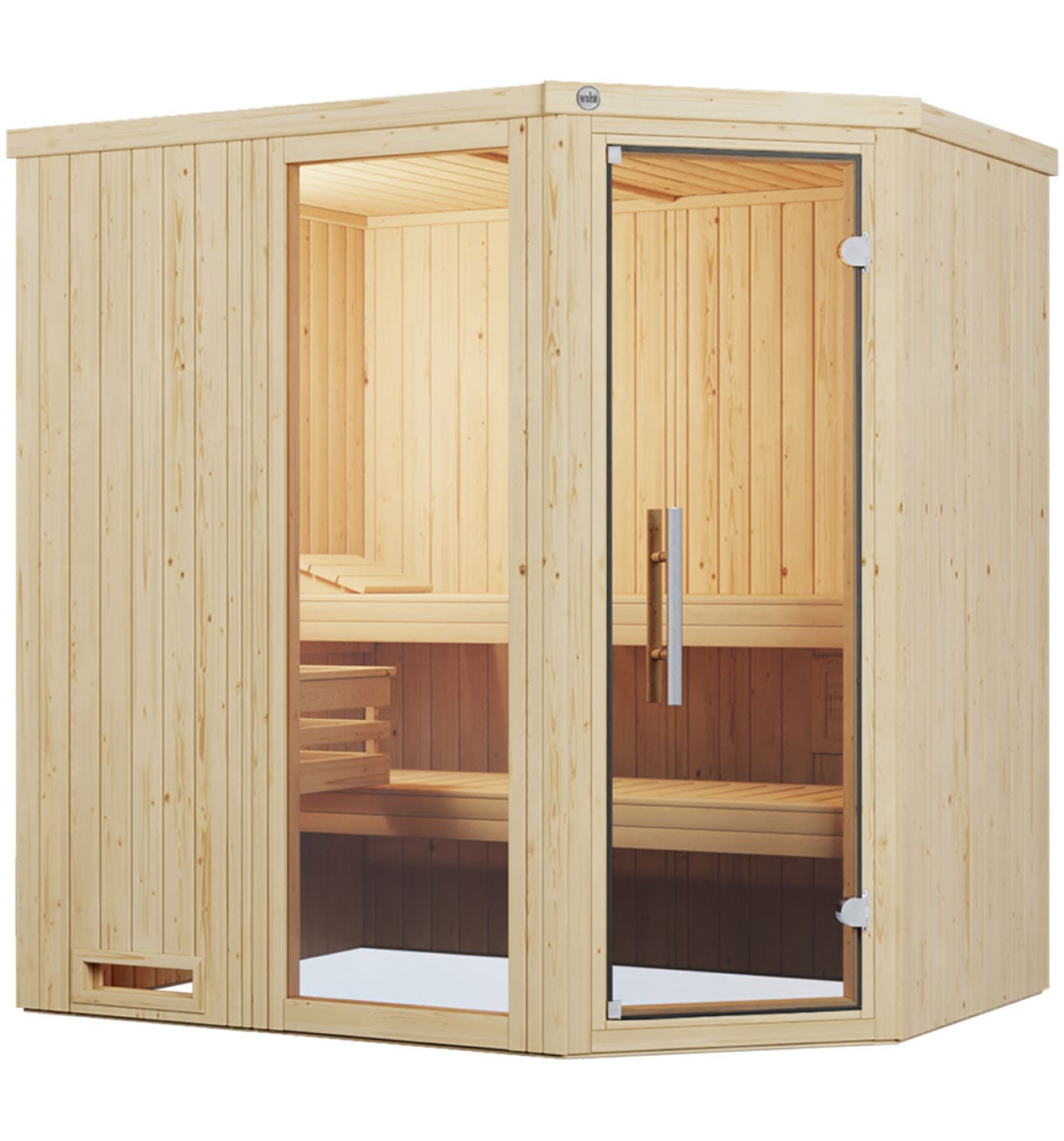 Sauna WEKA "Element-Ecksauna VARBERG 1", beige (natur), Saunaofen, externe Steuerung, 4,5 kW, Saunen, vorgefertigte Elemente, Fensterelement, moderne Ganzglastür
