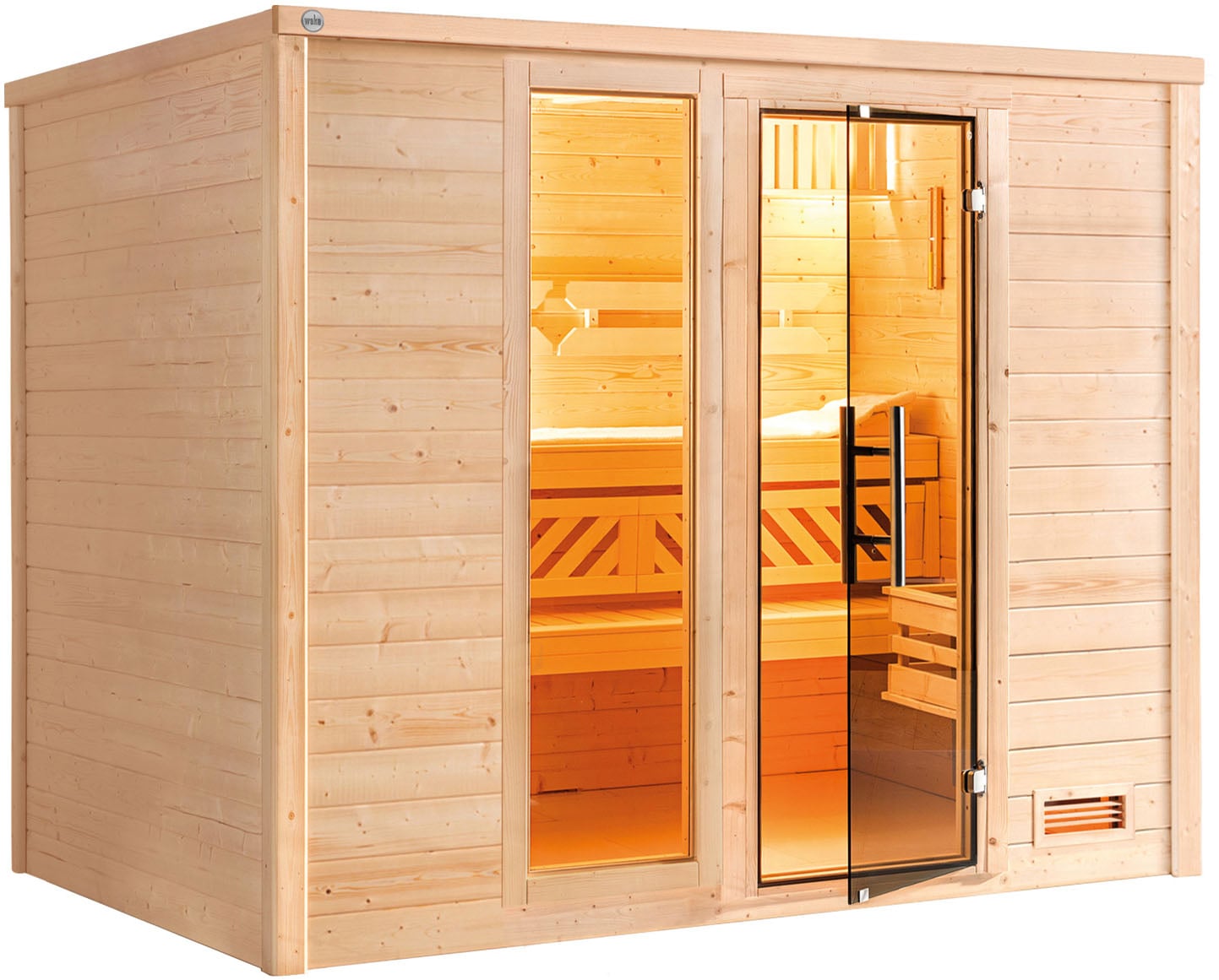 Sauna WEKA "Massivholzsauna BERGEN 3", beige (natur), Bio-Ofen, externe Steuerung, 9 kW, Saunen, Blockbohlen, Fensterelement, moderne Ganzglastür