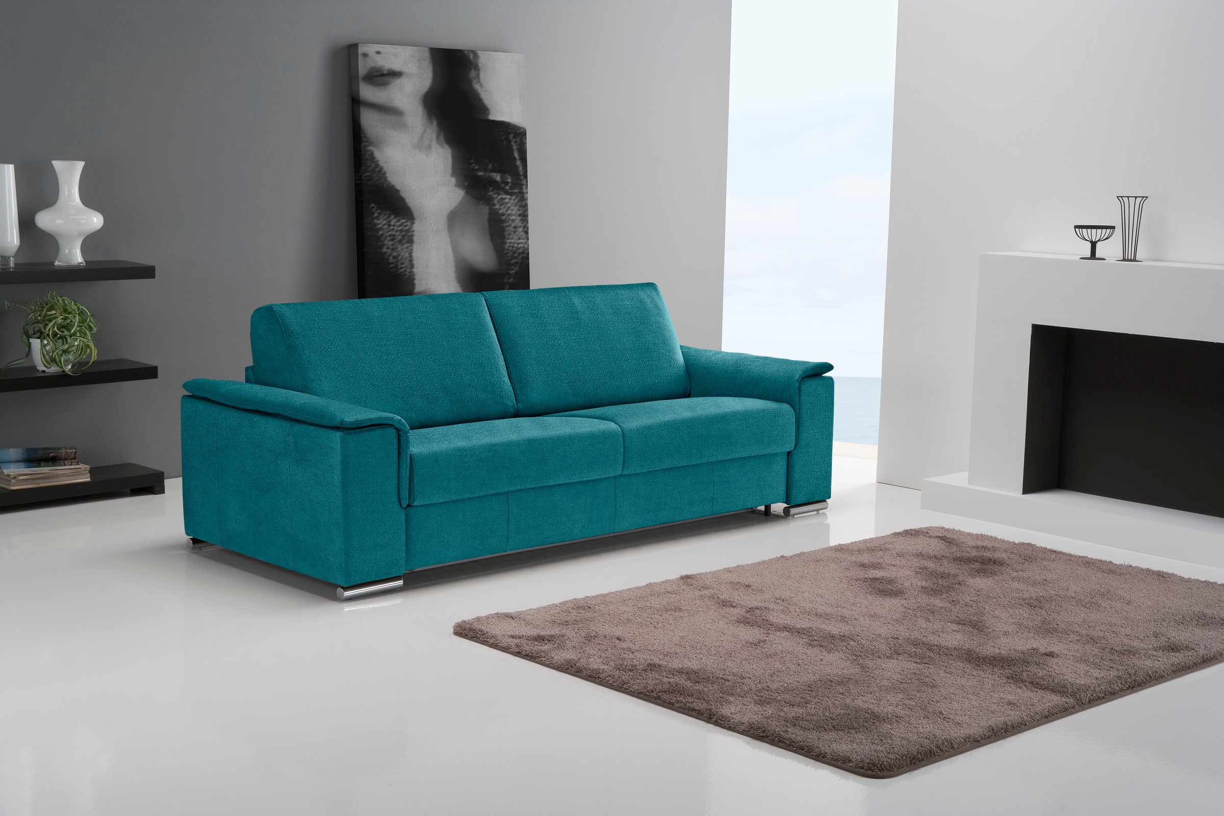 Schlafsofa EGOITALIANO "Cecilia, modern & elegant, erstklassiger Sitzkomfort, Dauerschläfer", blau (teal), B:234cm H:85cm T:102cm, Sofas, Schlafsofa, inkl. Matratze und hochwertigem Metallbettrahmen, toller Schlafkomfort