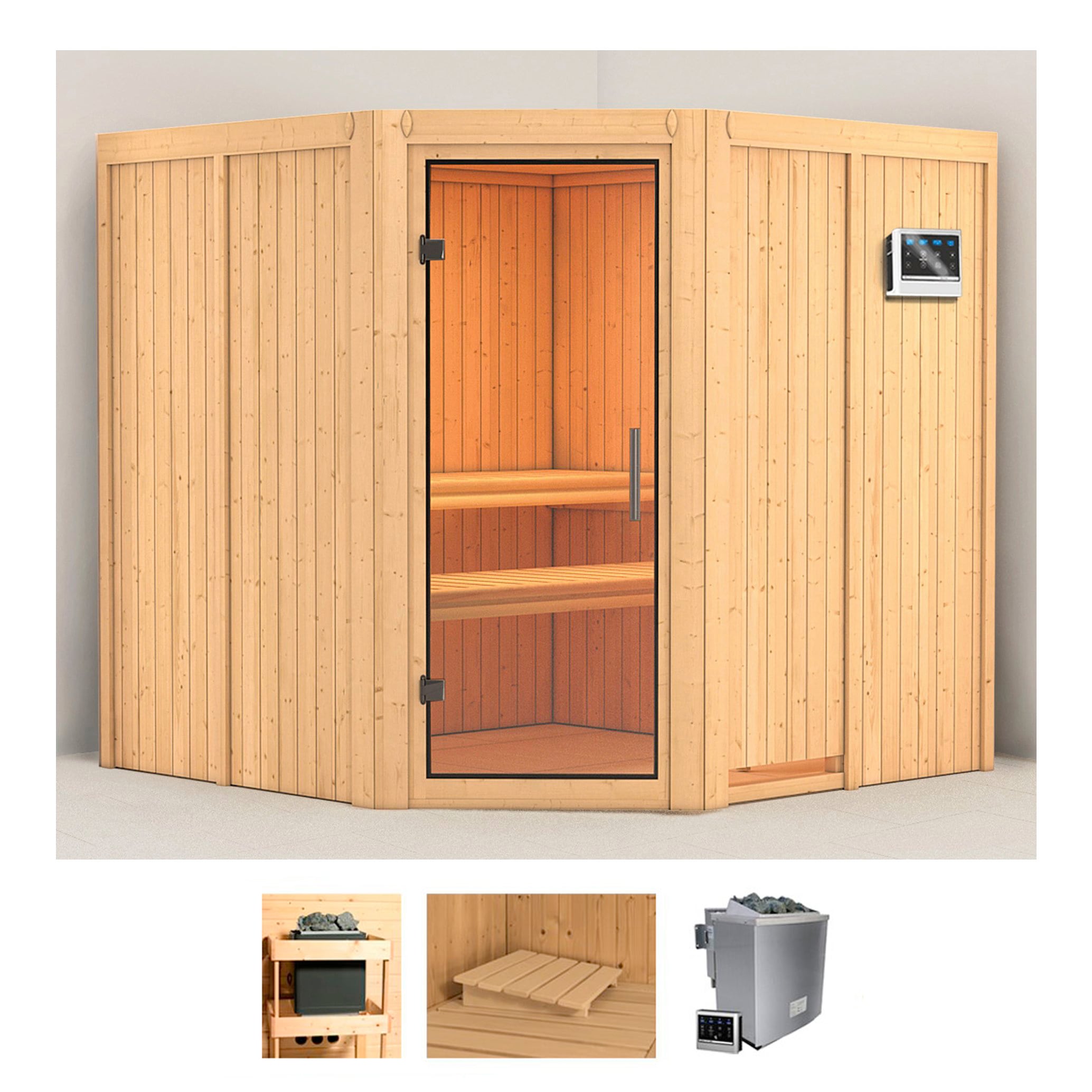 Sauna KARIBU "Jarin", beige (naturbelassen), Bio-Kombiofen, externe Steuerung, 9 kW, Saunen, 9-kW-Bio-Ofen mit externer Steuerung Image