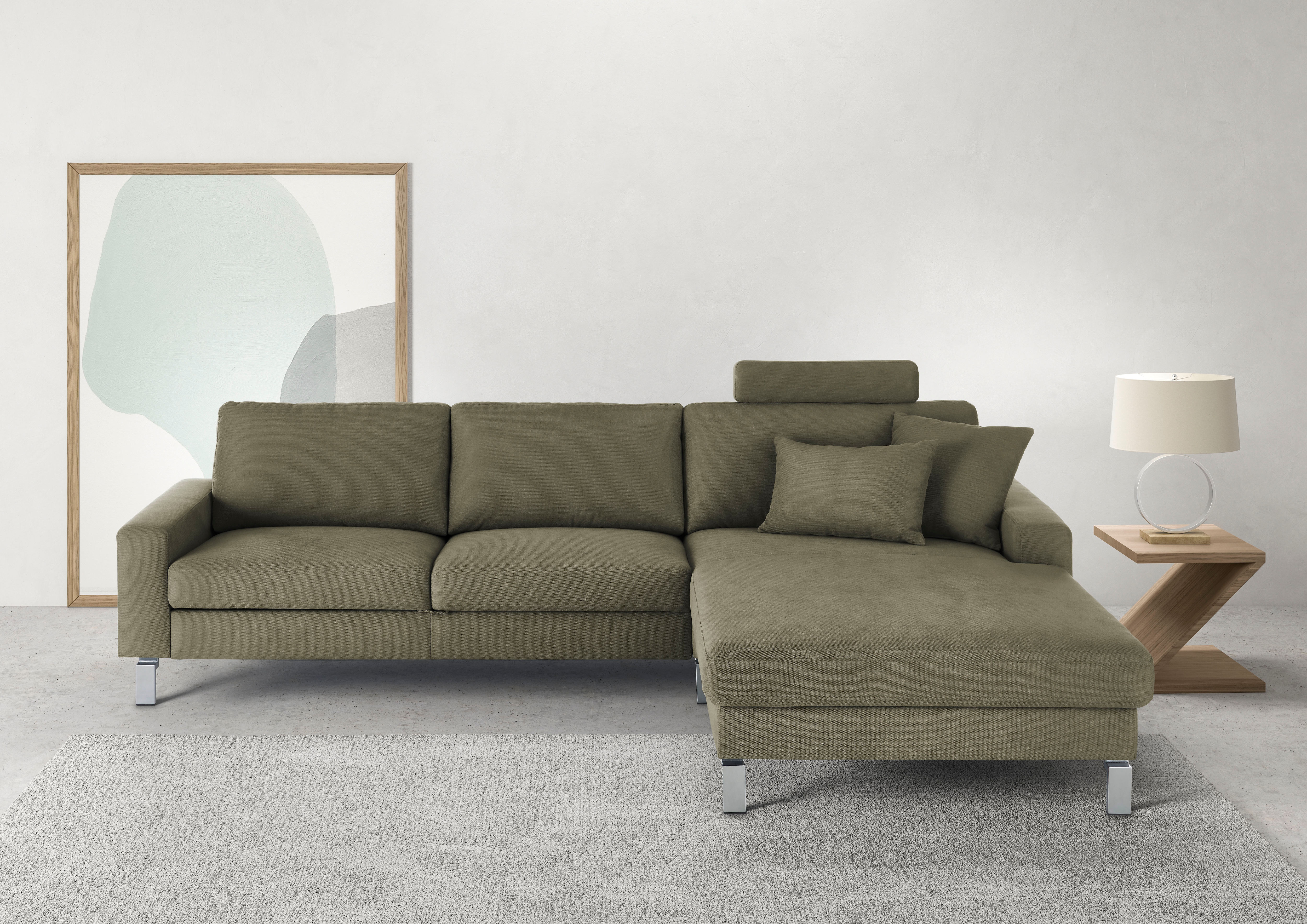 Ecksofa 3C CANDY "Lecce, wahlweise PUR-Schaumstoff oder Tonnentaschenfederkern", grün (oliv), B:281cm H:86cm T:194cm, 100% Polyester, Sofas, Ecksofa, Bett im 2,5-Sitzer, teilmotorische Schlaffunktion im Longchair, L-Form