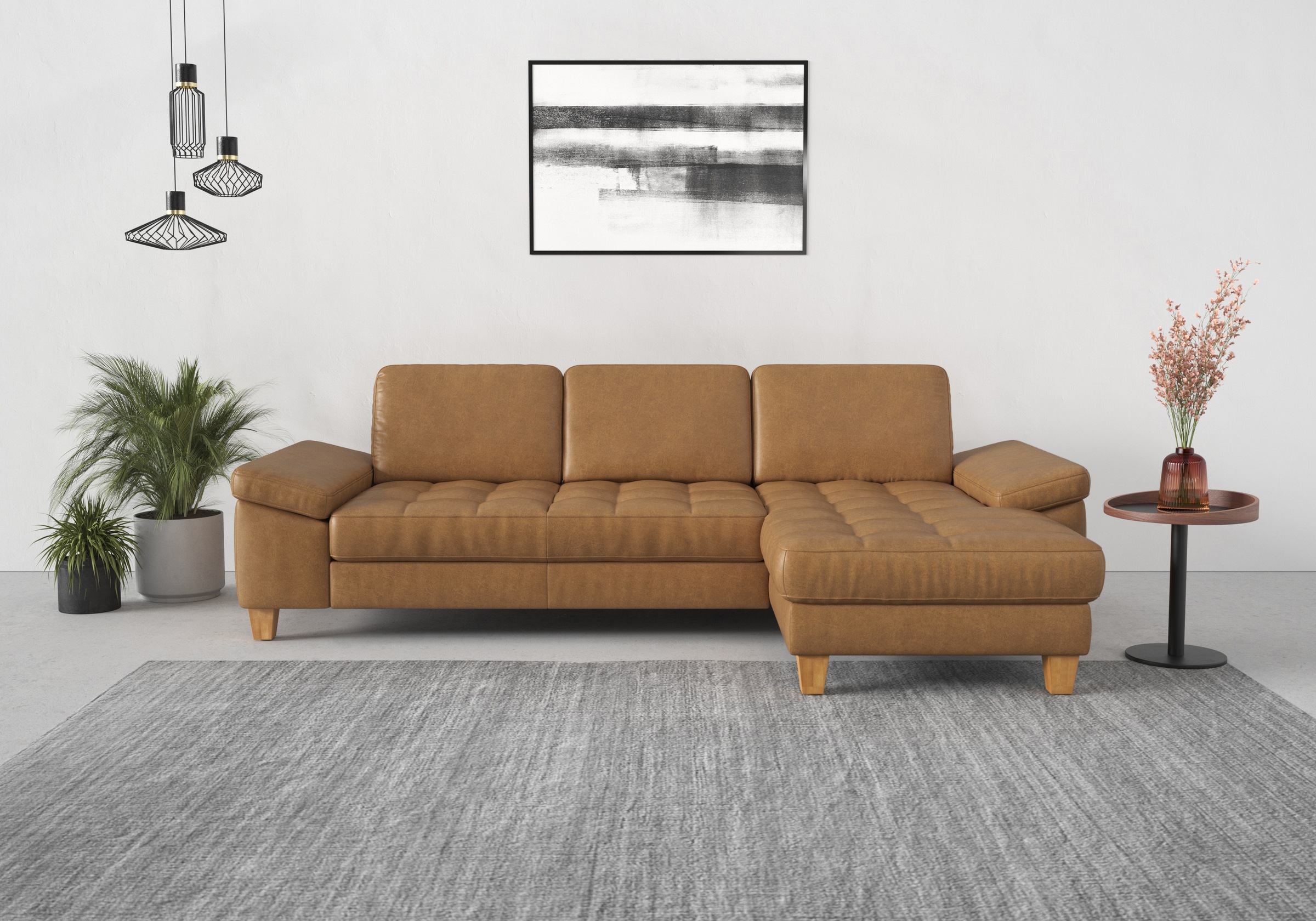 Ecksofa SIT & MORE "Westham L-Form", braun (cognac), B:275cm H:88cm T:172cm, 100% Polyester, Sofas, mit Recamiere, mit oder ohne Bettfunktion, Bettkasten, Füße Eiche