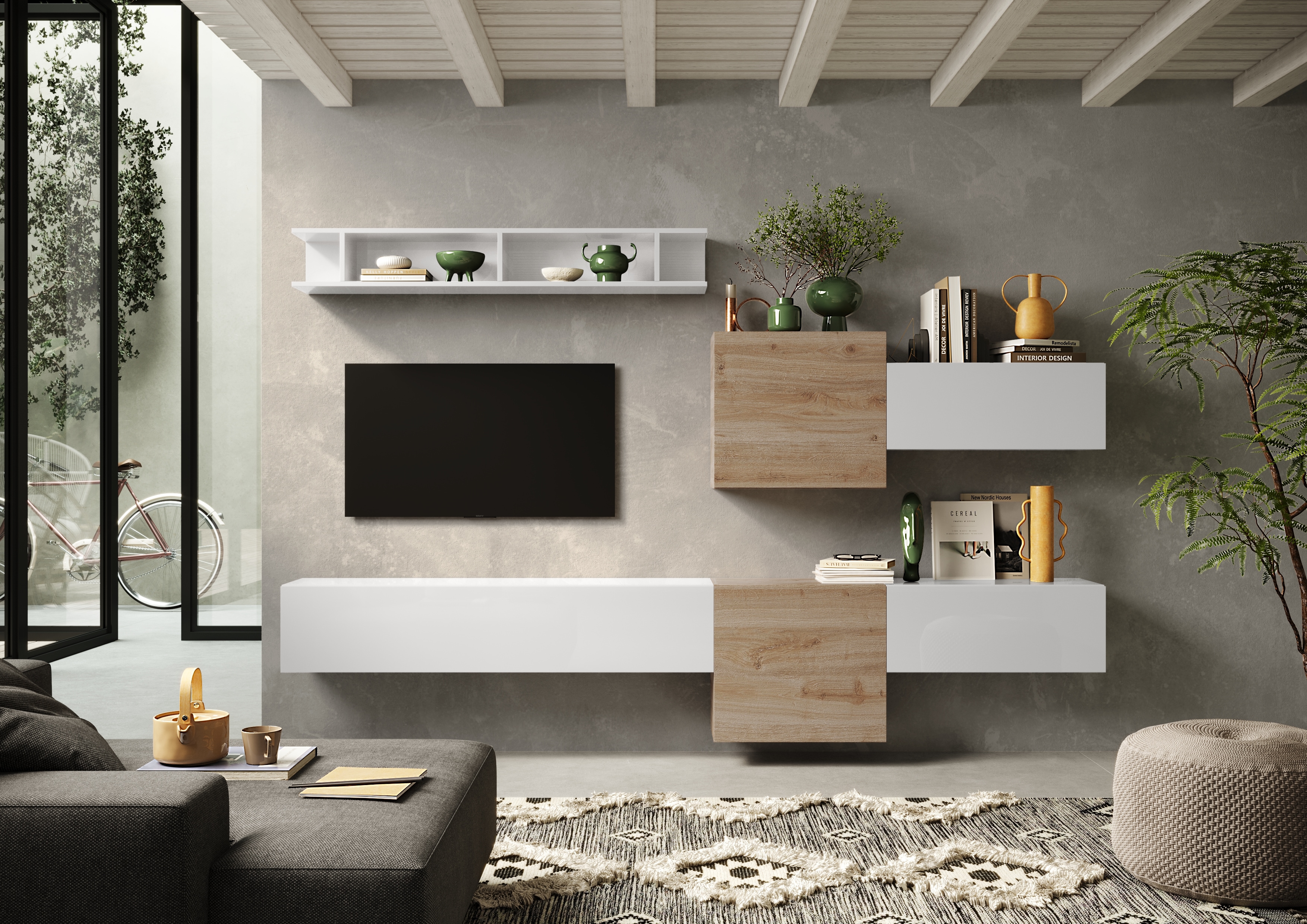 Wohnwand INOSIGN "Infinity, 6tlg. Breite 262 cm, Höhe variabel, Schrankwand, Anbauwand", weiß (weiß hochglanz lack, eiche cadiz nb), B:262cm H:185cm T:30cm, Holzwerkstoff, Kastenmöbel-Sets, (Lowboard hängend, 2x Hängeschrank, 2x Hängewürfel, Wandregal)