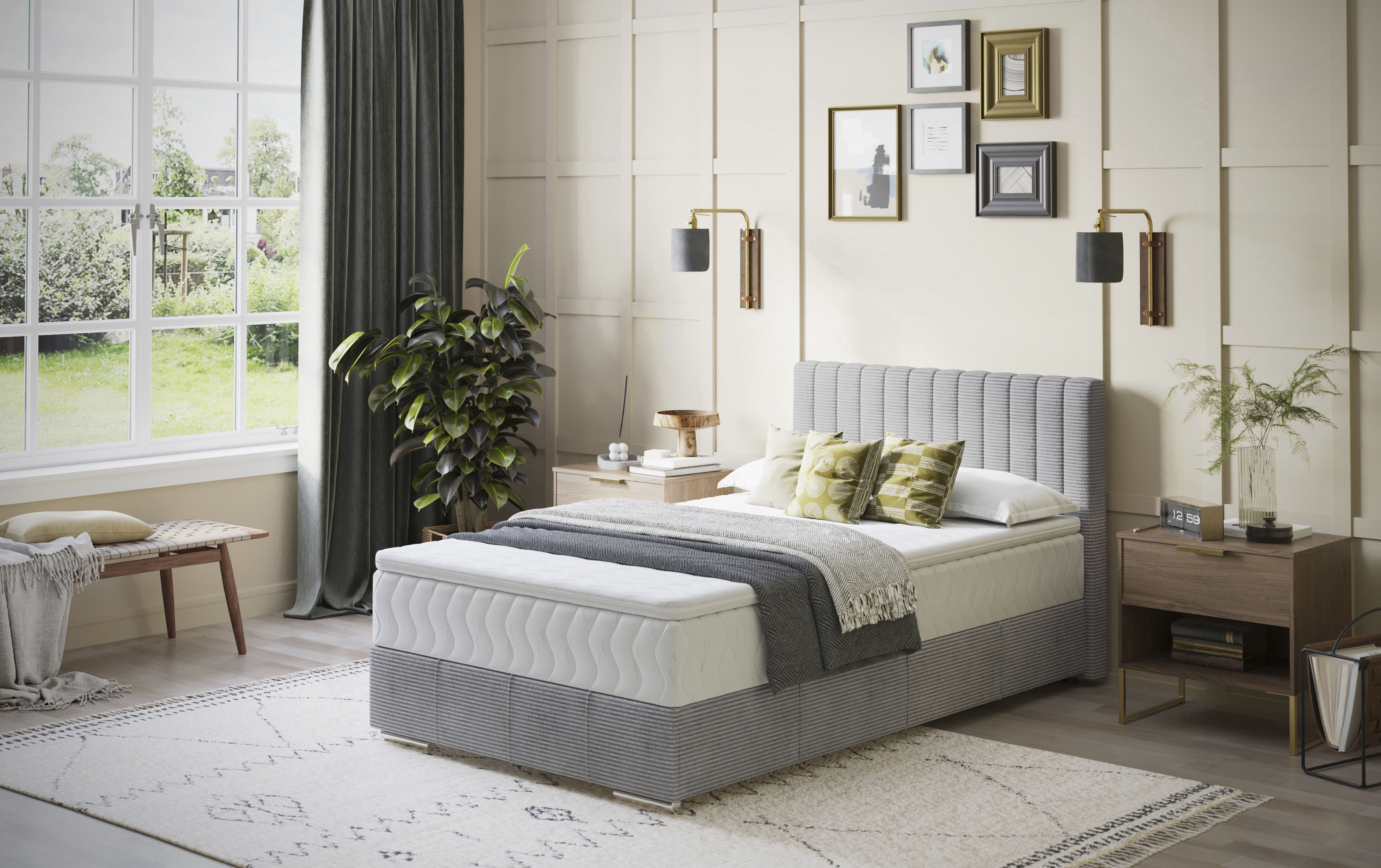 Boxbett INOSIGN "Thor mit Bettkasten, inkl. Matratze, Topseller", grau (stripes 8637 warm grau), B:126cm L:208cm, Komplettbetten, Boxspringbett, Topper und Zierkissen, in verschiedenen Härtegraden verfügbar Image