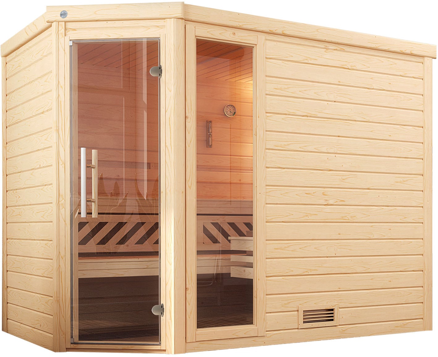 Sauna WEKA "Massivholzsauna TURKU 3", beige (natur), Bio-Ofen, externe Steuerung, 9 kW, Saunen, Blockbohlen, Fensterelement, moderne Ganzglastür