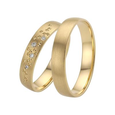 Trauring FIRETTI "Schmuck Geschenk Gold 375 Hochzeit Ehering "LIEBE" Sterne" Gr. 22, gold (gelbgoldfarben), Fingerringe, 22, 0,03 ct SI = kleine Einschlüsse mit Brillanten, Gelbgold 375, 4mm, Made in Germany, wahlweise mit oder ohne Brillanten Image