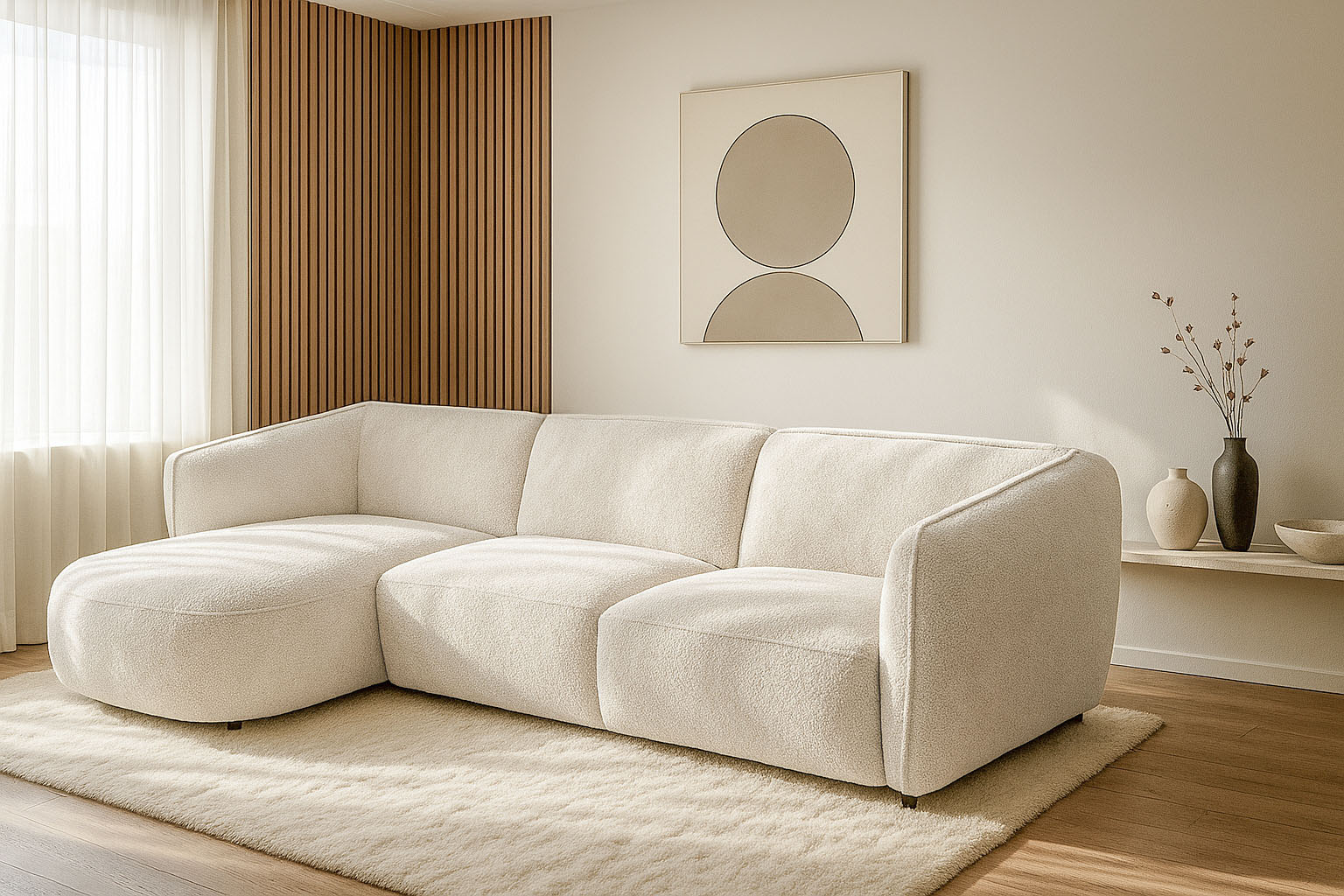 Ecksofa HOME AFFAIRE "OSTRUP Rundsofa, L-Form, Naturtöne, Boucle", weiß (ivory), B:280cm H:73cm T:152cm, 100% Polyester, Sofas, Ecksofa, Breite 280 cm, organische Form mit sanften Rundungen