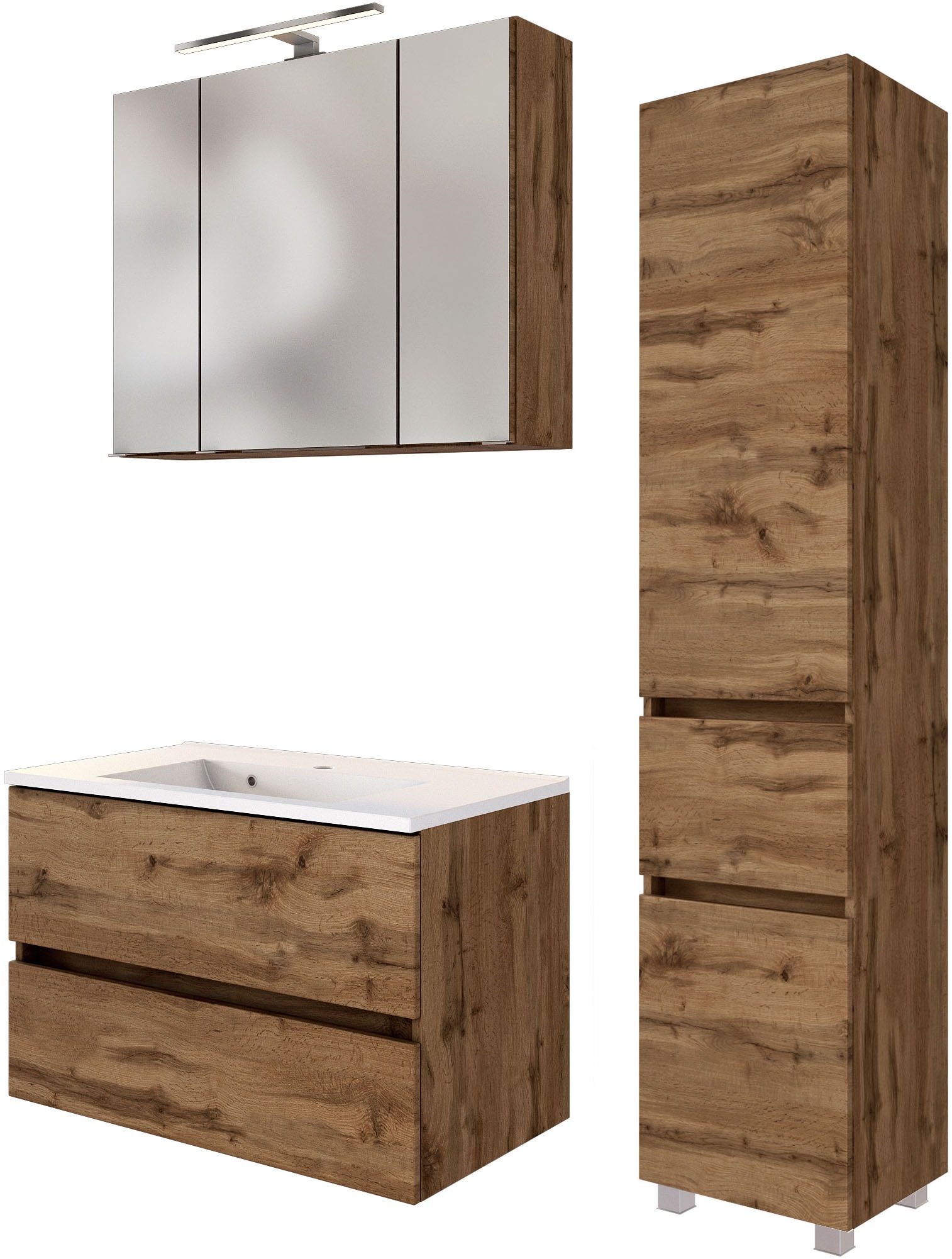 Badmöbel-Set WELLTIME "Welltime Möbel Baabe Waschtisch-Set 3tlg. oder 5tlg.", braun (wotaneiche), Set 6 3tlg.: Waschtisch 80cm breit, Spiegelschrank 80cm breit, Seitenschrank, Holzwerkstoff, Kastenmöbel-Sets, Badmöbel-Set, gedämpfte Scharniere und...