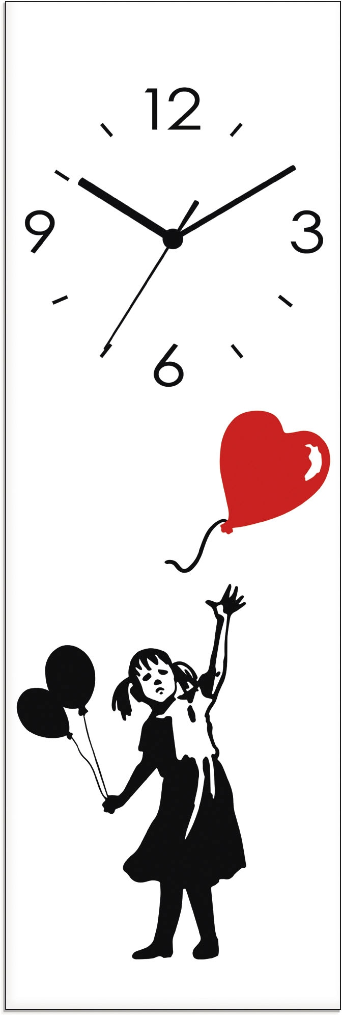 Wanduhr ARTLAND "Glasuhr Silhouette Mädchen Ballon Herz", schwarz, B:20cm H:60cm T:1,8cm, Wanduhren, wahlweise mit Quarz- oder Funkuhrwerk, lautlos ohne Tickgeräusche Image