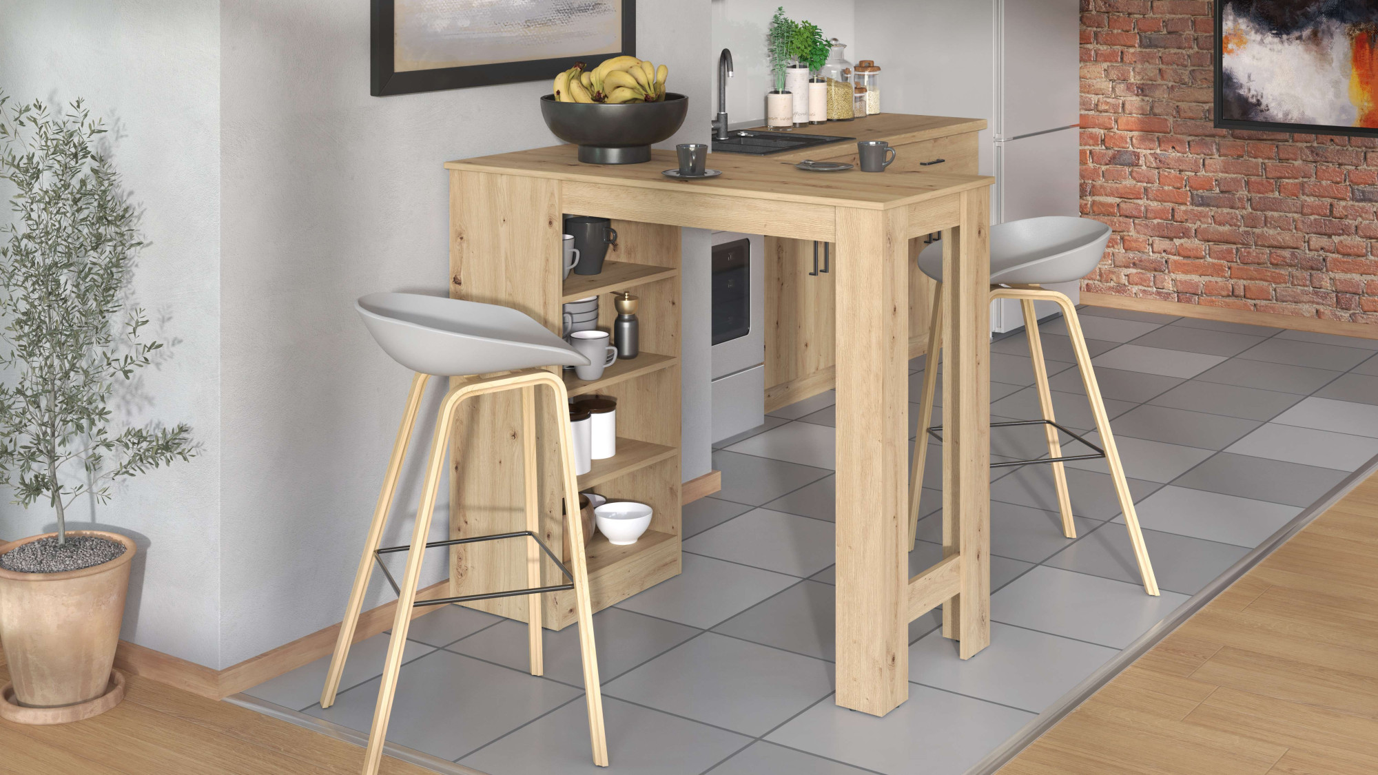 Bartisch HOME AFFAIRE "Valence, 120x50x150 cm, Küchentisch, Bartresen, Stehtisch, Bartheke", braun (artisan eiche, artisan eiche), B:120cm H:105cm T:50cm, Tische, mit 4 Regalfächern, Eiche-Optik oder Weiß, Stilvoll und zeitloser