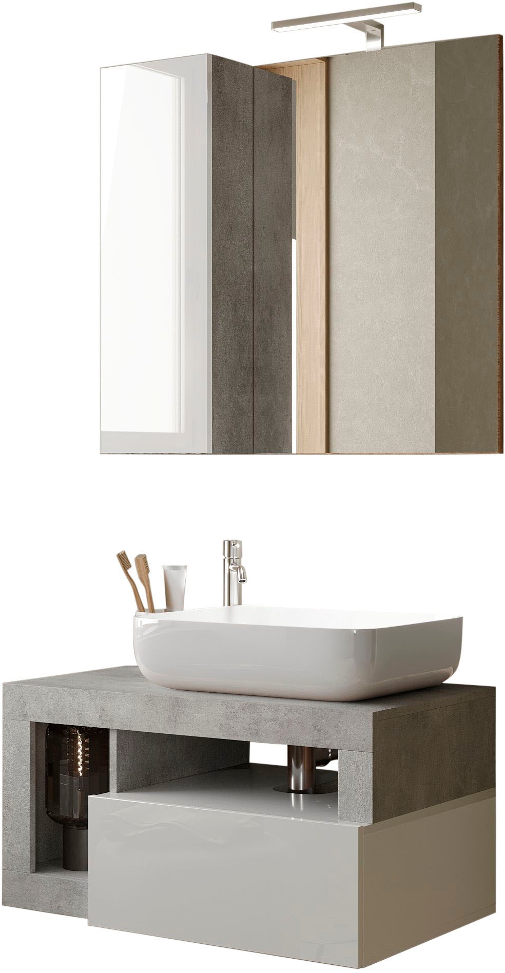 Badmöbel-Set WELLTIME "Hamburg, Badezimmerset 2tlg. Breite 79 cm, Badmöbel, Waschtisch inkl.", weiß (weiß, beton, optik), B:79cm H:190cm T:49cm, Kastenmöbel-Sets, Badmöbel-Set, Waschbecken, Spiegelschrank mit LED Aufbauleuchte, Soft-Close-Funktion