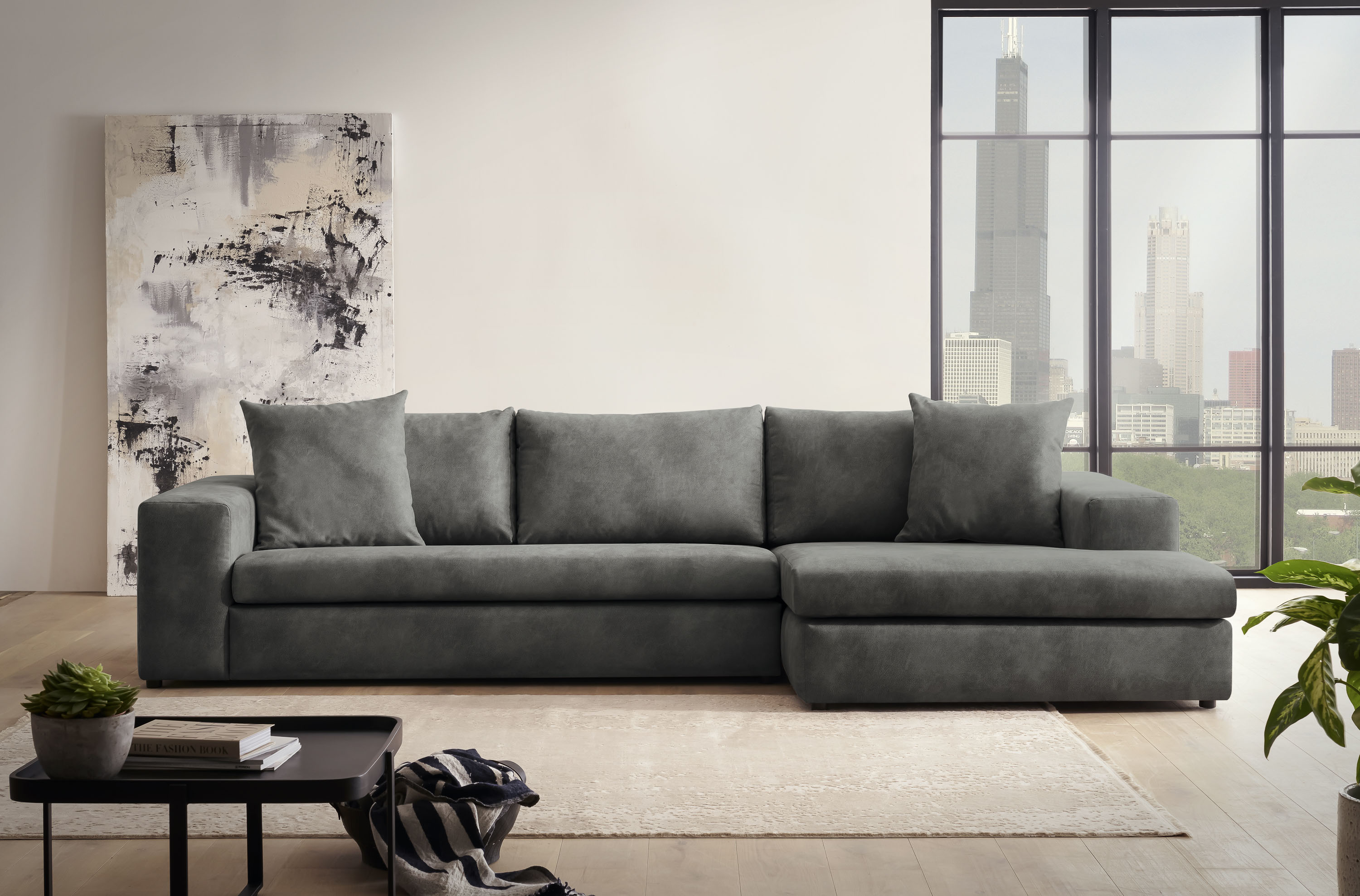 Ecksofa HOME AFFAIRE "SLEETLAND XXL in Samtvelours oder Vintage-Leder-Optik, L-Form", grau (dunkelgrau), B:325cm H:72cm T:167cm, Sofas, Ecksofa, besonders groß und bequem