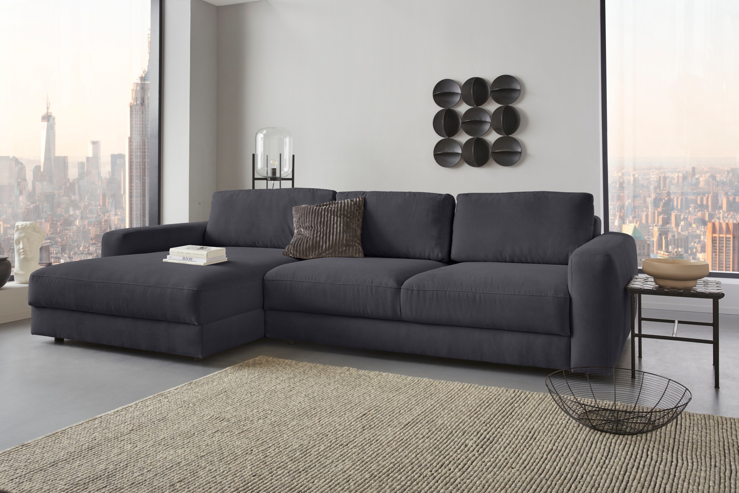 Ecksofa HOME AFFAIRE "Bloomfield, elegant, viel Platz, Mega Couch, Breite 303cm, L-Form", grau (graphite), B:303cm H:84cm T:176cm, 92% Polyester 8% Nylon, Sofas, Ecksofa, extra tiefe Sitzfläche, wahlweise mit Sitztiefenverstellung