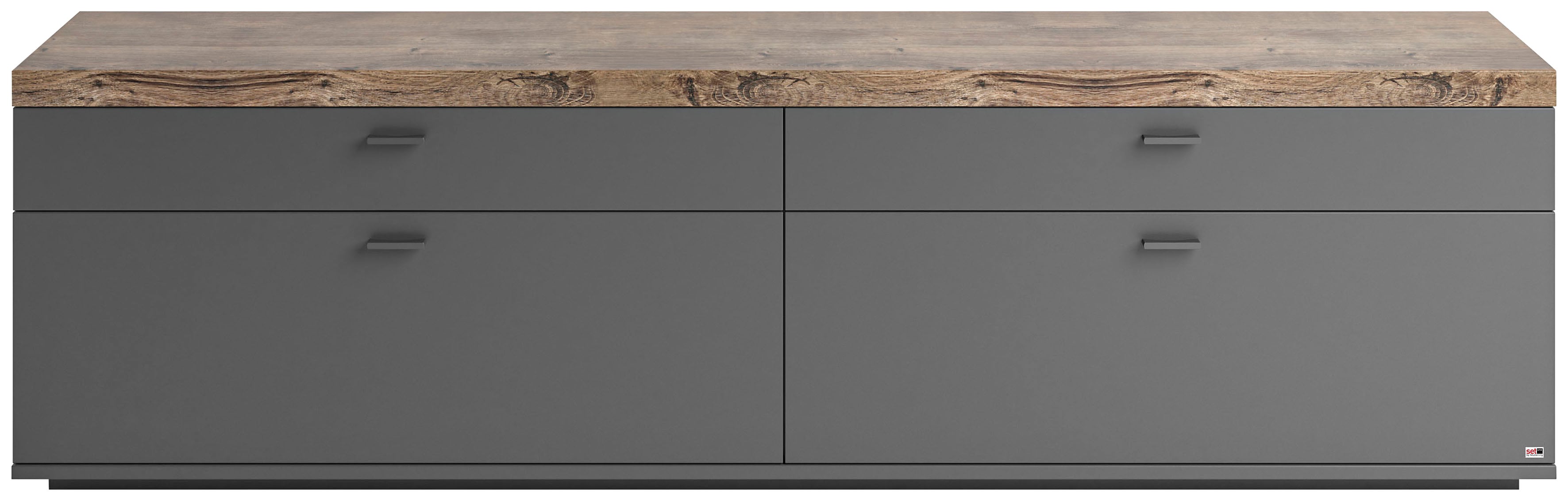 Lowboard "Lancaster", grau (grau mit eiche ribbeck cognac), B:210cm H:60cm T:43,8cm, SET ONE BY MUSTERRING, Sideboards, In 2 Breiten erhältlich, Rahmen in Eicheabsetzung, mit Schubkästen