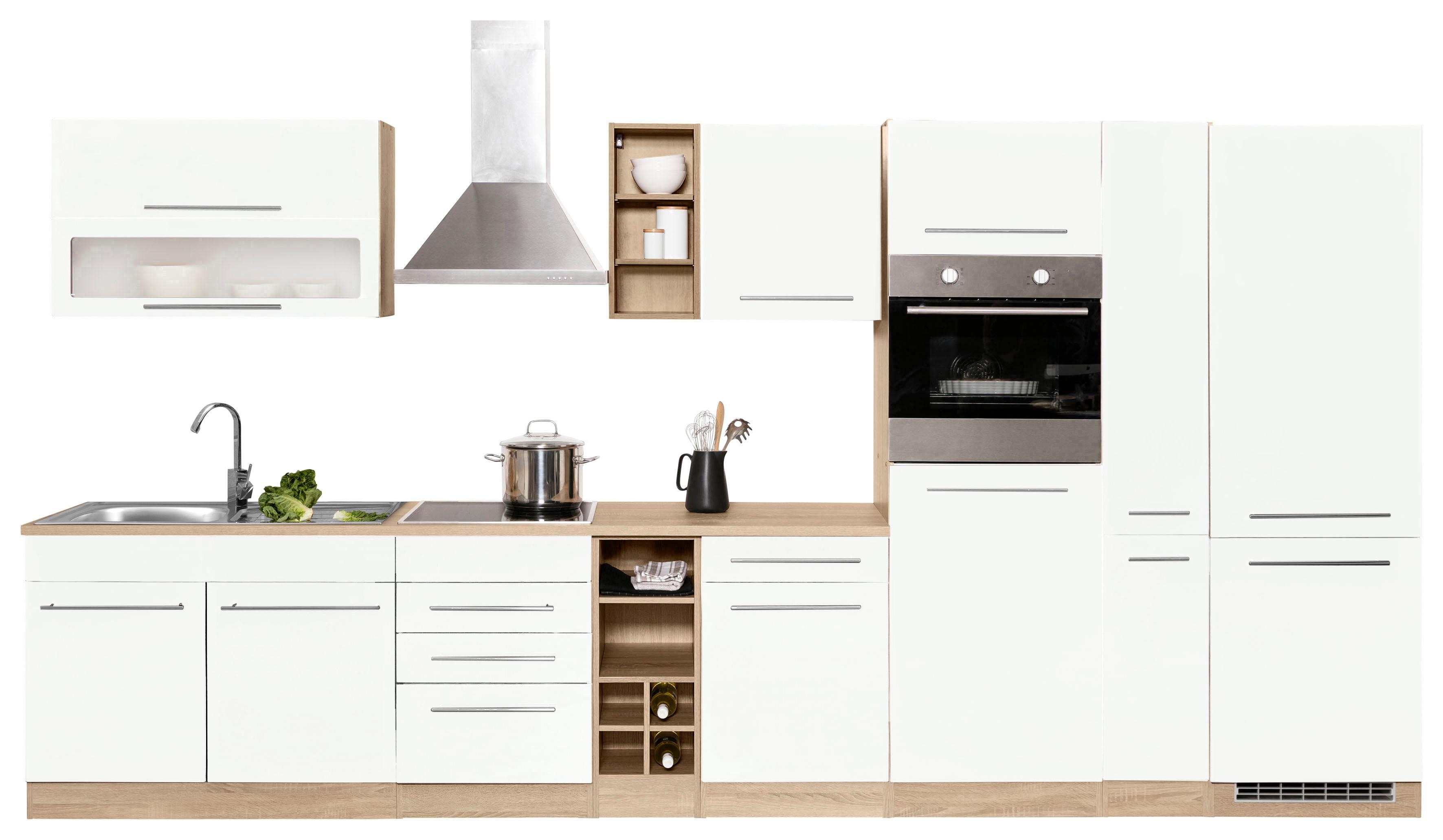 Küchenzeile KOCHSTATION "KS-Eton", weiß (küche: weiß, korpus: eichefarben, arbeitsplatte: eichefarben), B/H/T: 390cm x 60cm, Komplettküchen-Sets, ohne E-Geräte, Breite 390 cm Image
