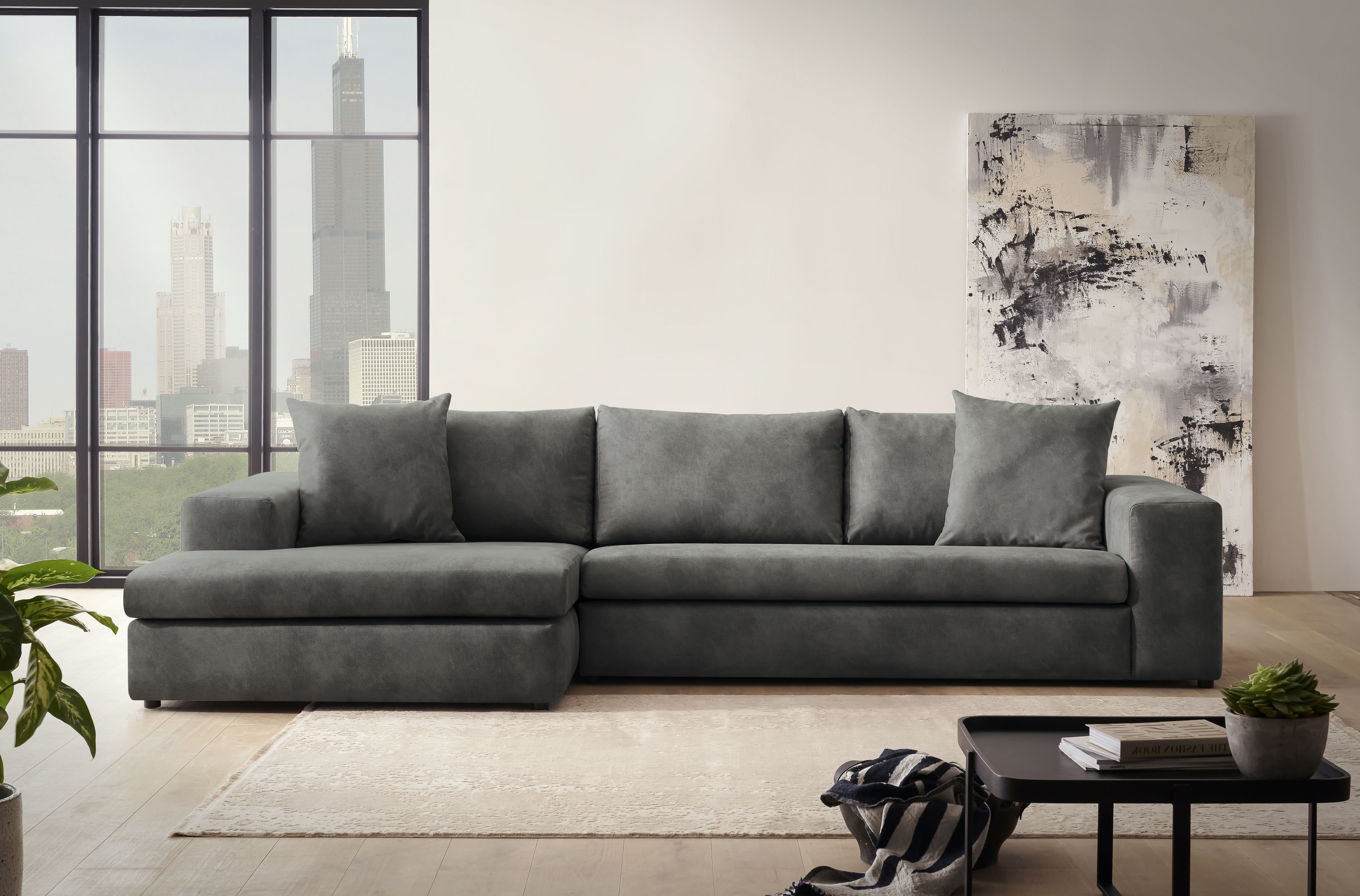 Ecksofa HOME AFFAIRE "SLEETLAND XXL in Samtvelours oder Vintage-Leder-Optik, L-Form", grau (dunkelgrau), B:325cm H:72cm T:167cm, Sofas, Ecksofa, besonders groß und bequem