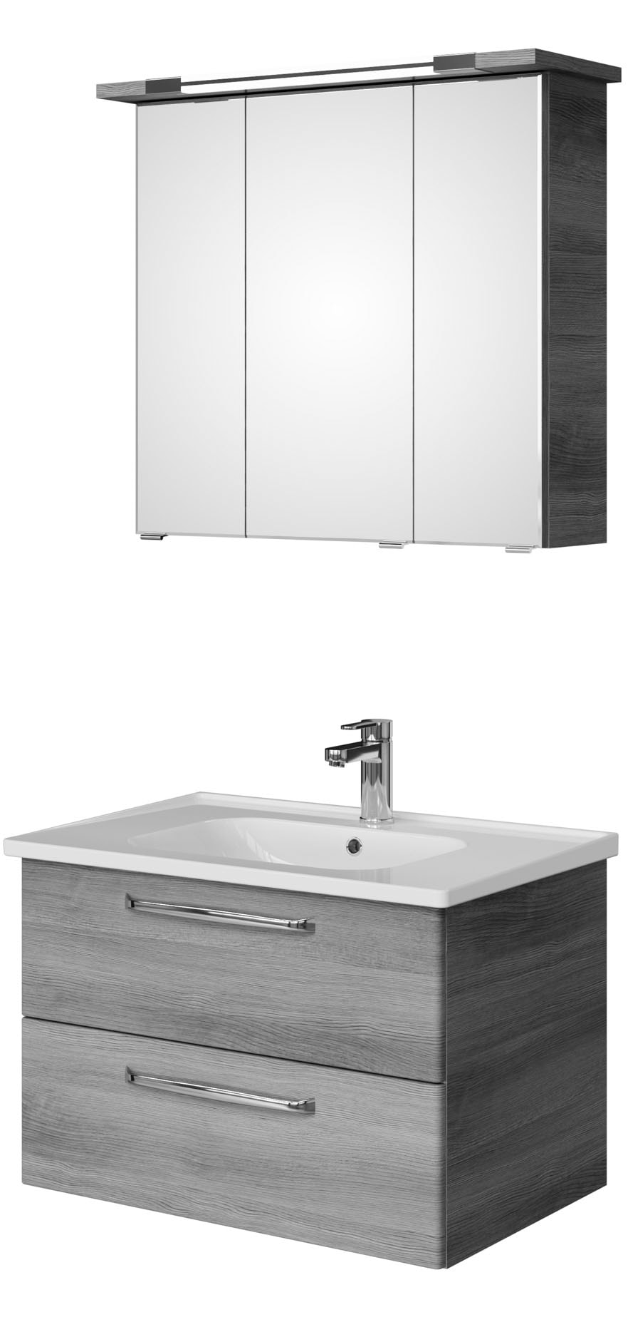 Badmöbel-Set SAPHIR "Trentino 2-teilig Keramik-Waschtisch, Spiegelschrank mit LED-Profil", grau (graphit struktur quer nb), Kastenmöbel-Sets, Badmöbel-Set, Badmöbel-Set 79cm breit, inkl. Türdämpfer, 3 Türen, 2 Auszügen Image