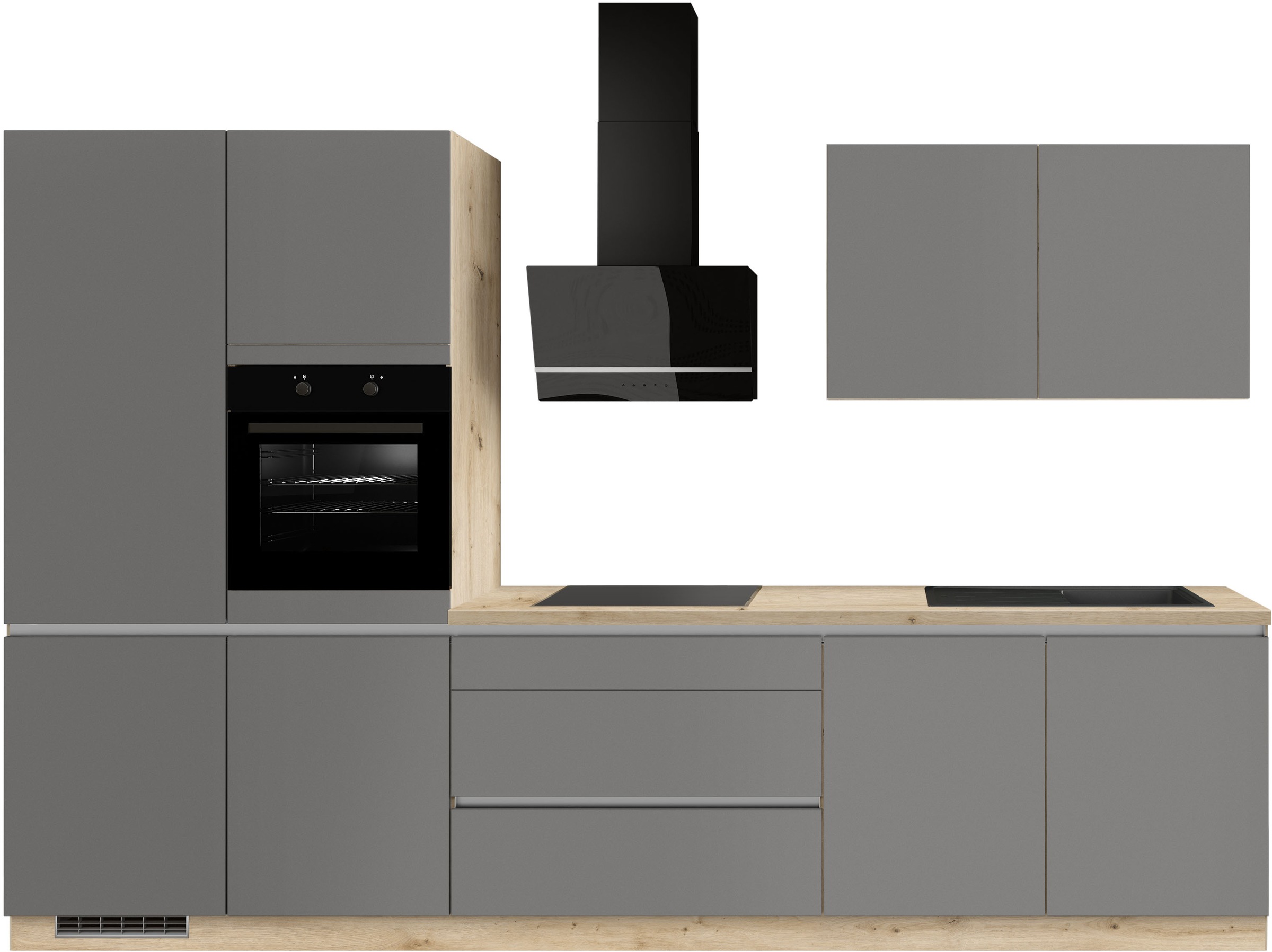 Küche IMPULS KÜCHEN ""Dublin", Anti Fingerprint Oberfläche, Schubkästen mit Soft-Close", küche: grau, arbeitsplatte: eiche nachbildung hell, B:340cm H:222cm T:60cm, Komplettküchen-Sets, Küchenzeile, vormontiert, wahlweise mit E-Geräten, mit...