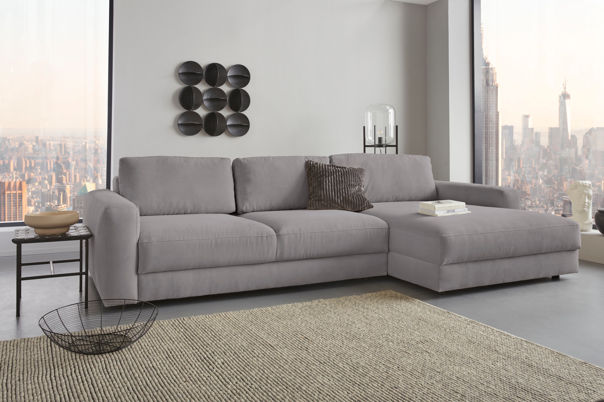 Ecksofa PLACES OF STYLE "Bloomfield, elegant, viel Platz, Mega Couch, Breite 303cm, L-Form", grau, B:303cm H:84cm T:176cm, 92% Polyester 8% Nylon, Sofas, extra tiefe Sitzfläche, wahlweise mit Sitztiefenverstellung
