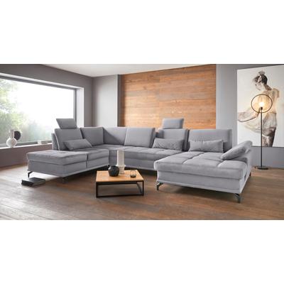 Wohnlandschaft PLACES OF STYLE "Costello U-Form, mit Sitztiefenverstellung, Armteilverstellung und", grau (hellgrau), B:363cm H:89cm T:223cm, 100% Polyester, Samtoptik (100% Polyester), Sofas, 3 Nierenkissen, optional Bettfunktion und Bettkasten Image